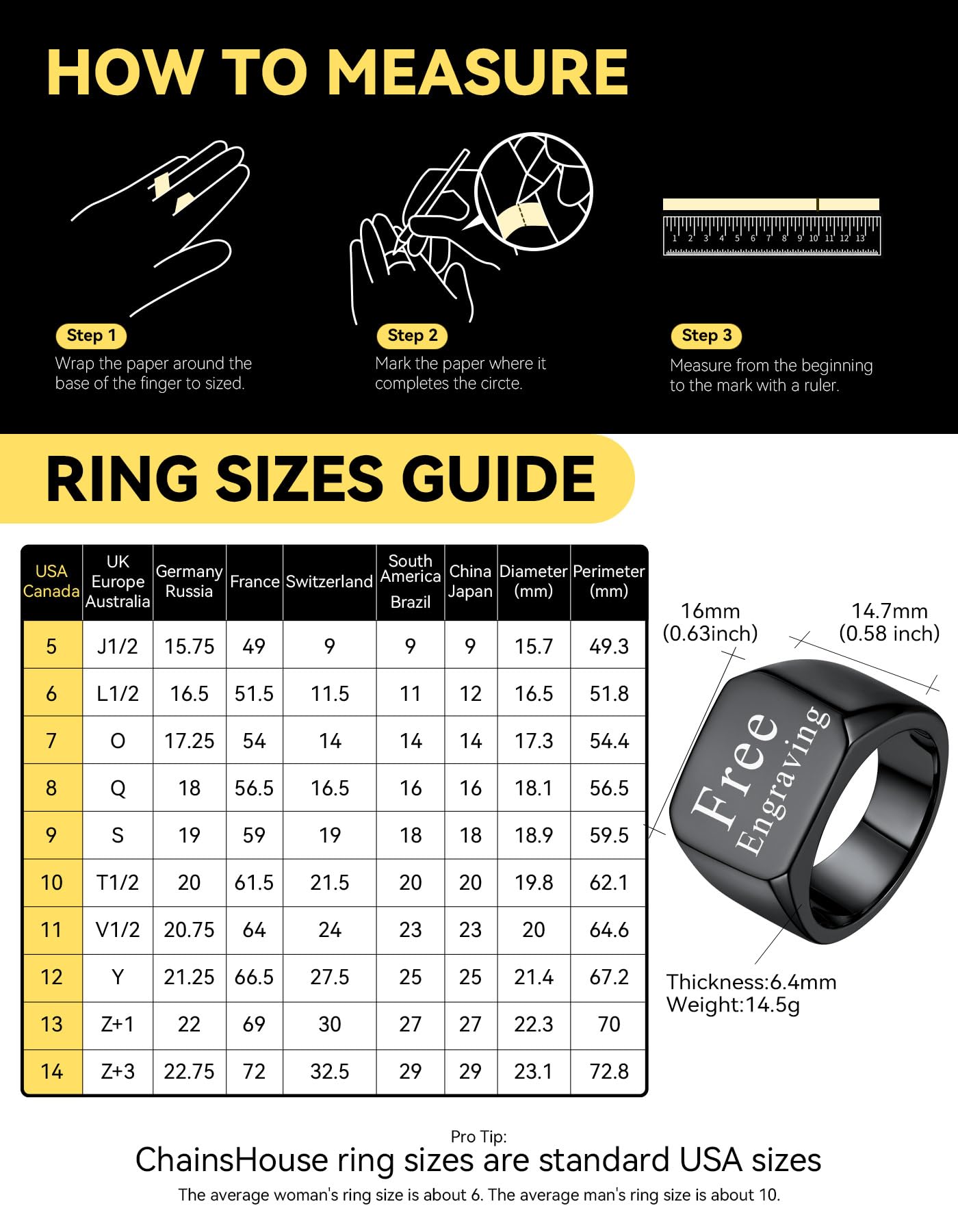 ChainsHouse Black Personalized Signet Rings for Men Women Solid Polished Stainless Steel Biker Ring Size 7