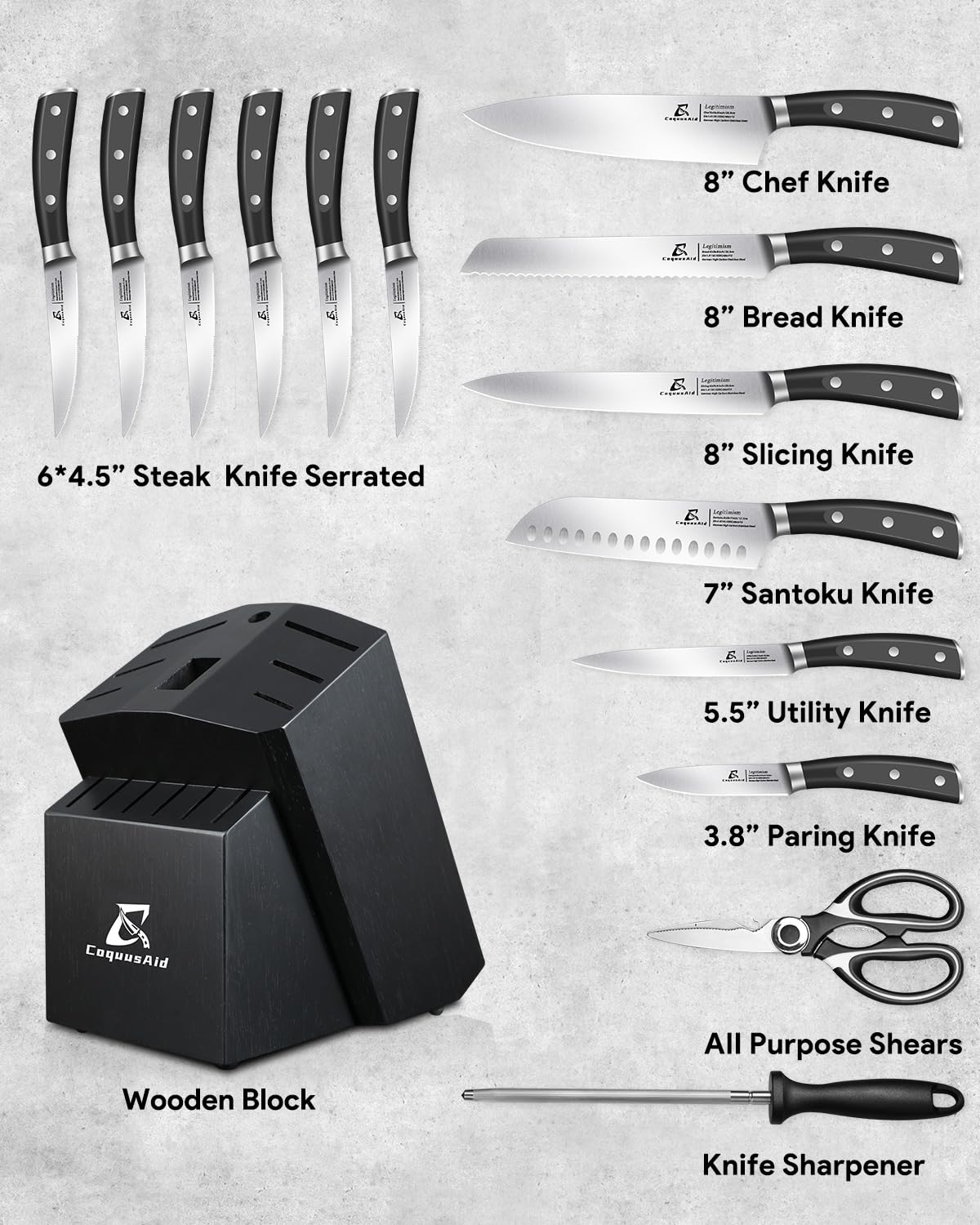 CoquusAid Knife Set, Upgrade 15 Pcs Knife Block Set with Widened Ventilated Slot, German Stainless Steel Kitchen Knives Set with Sharpener, Professional Chef Knives Set, Full Tang Ergonomic Handle