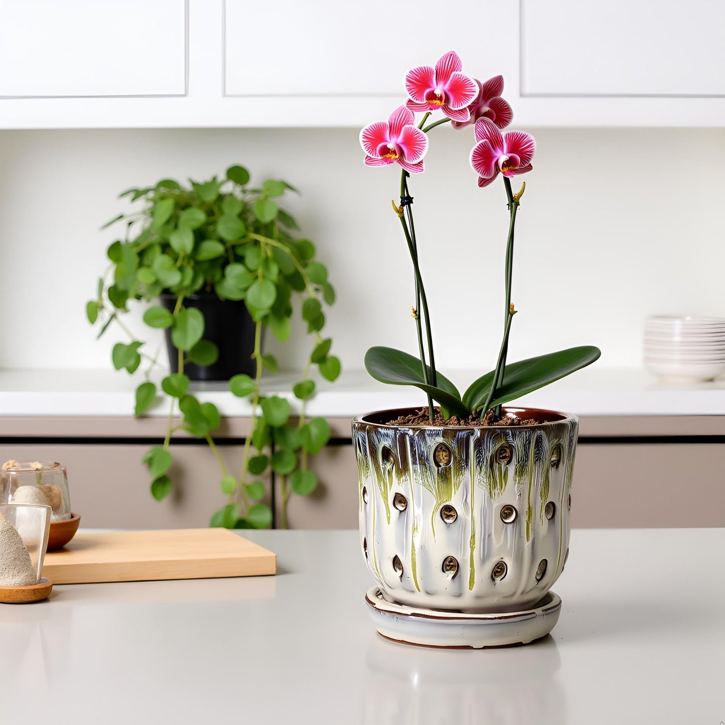 Grdthzey Orchid Pots 4.9 inch Round Ceramic Orchid Pots with Holes Set of 2 (SkyBlue+White with Lemon Green)