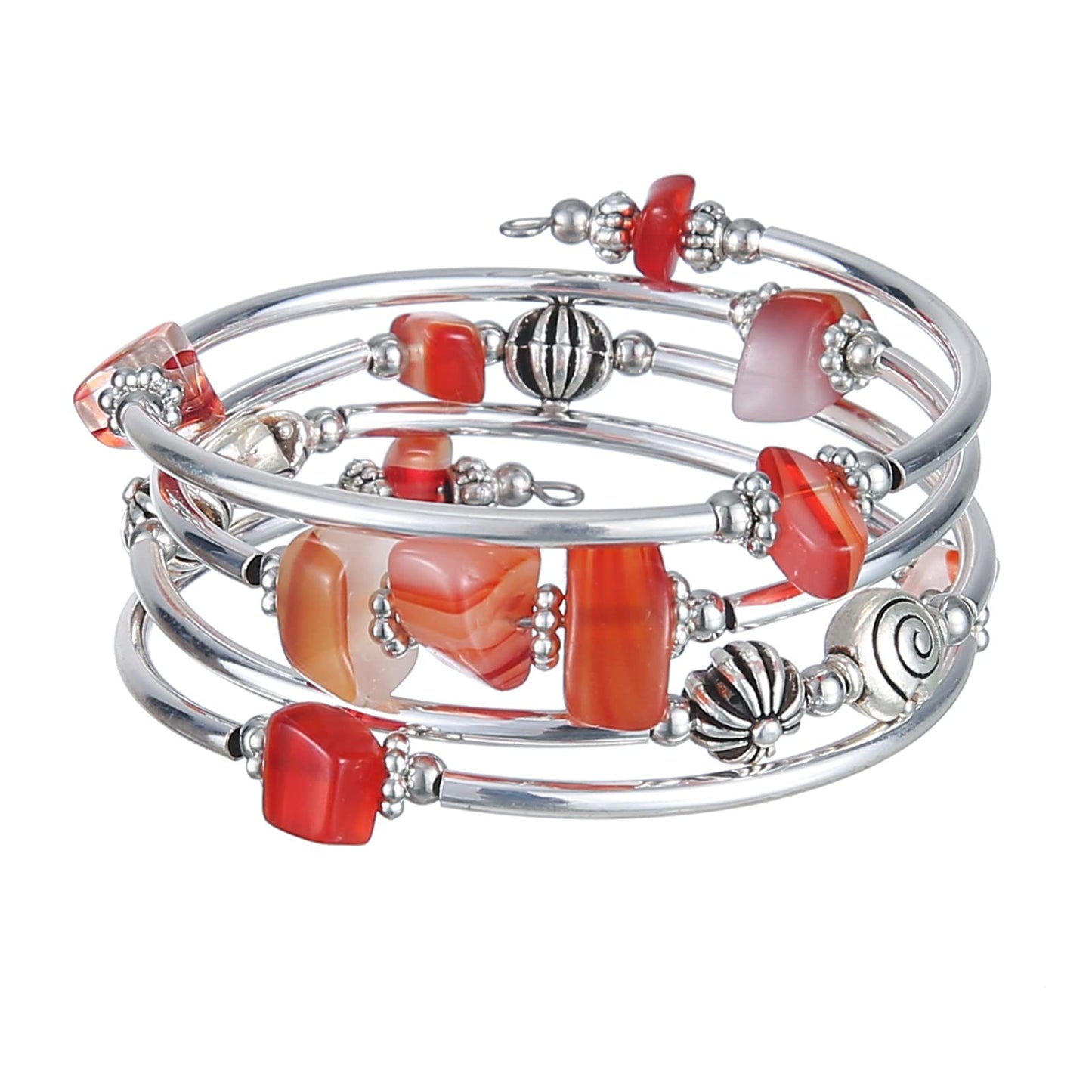 FULU AUTUMN Stone Silver Bangle Wrap Bracelet Boho Turquoise Crystal Chips Bead Bracelets Fashion Jewelry Birthday Gifts for Women(19-Red)