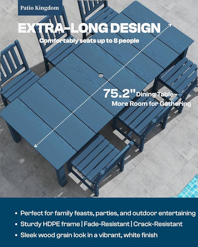 7-Piece Navy Blue Outdoor Dining Set for 6, 75.2'' HDPE Table with Umbrella Hole & Chairs, Weather-Resistant Patio Furniture for Garden, Lawn, or Poolside