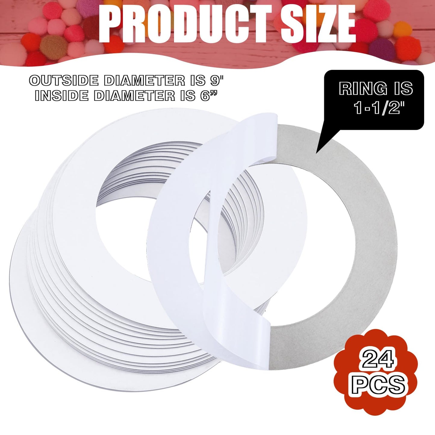 AmazingSpark 24 Pcs Self Adhesive Hanging Round Wreaths Valentine's Day DIY Ornaments Wreath 9 Inches Spring DIY Cardboard Rings Bulk Circle Cardboard Ornaments for Wedding Easter Party Decorations
