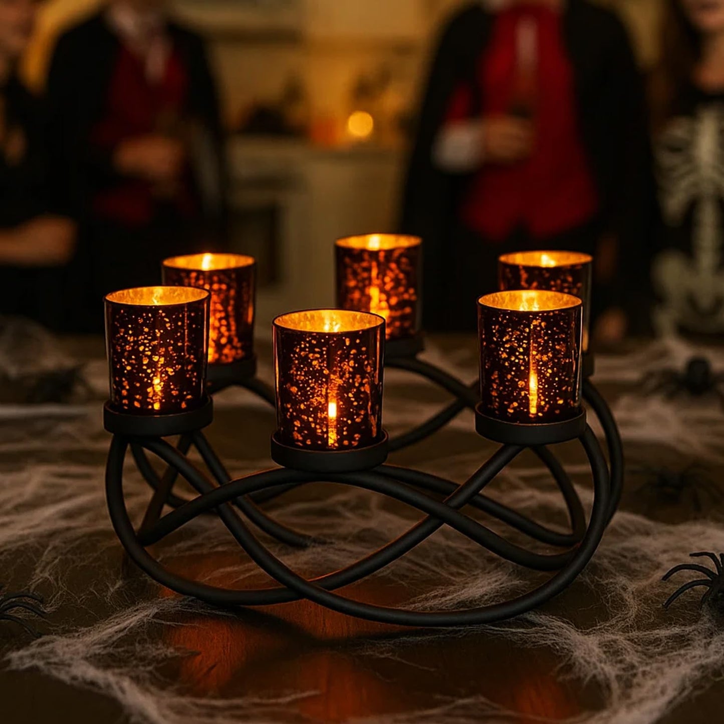 Seraphic Halloween Candle Holder Centerpiece Decoration – Black Metal Iron 6-Cup Votive Tealight Holder for Spooky Table Gothic Decor, Kitchen & Dining Room, Coffee Tables