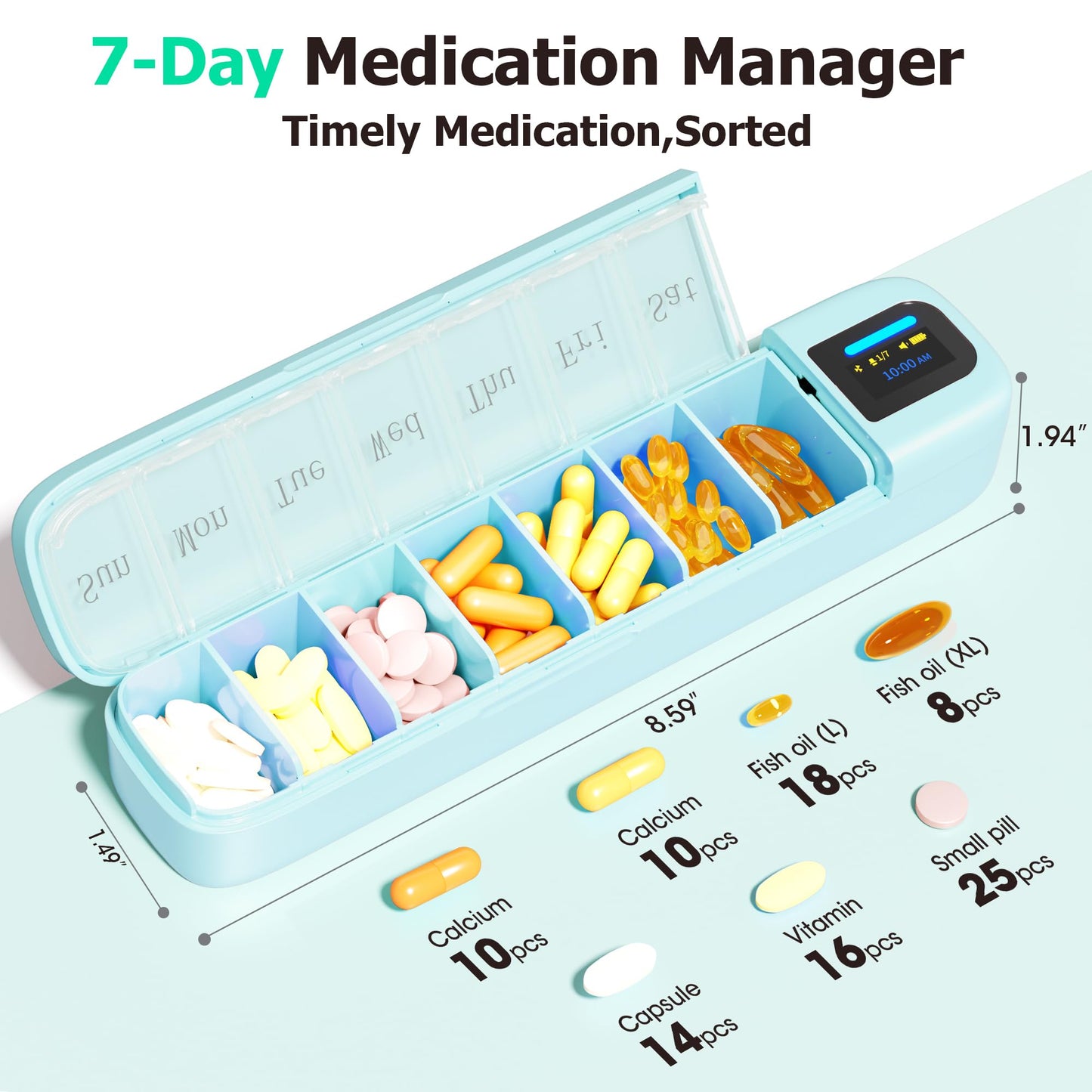 Daviky Smart Pill Organizer with Alarm, Bluetooth Daily Once a Day Pill Box 7 Day with APP, Weekly Travel Pill Case, Portable Pill Reminder for Medicines, Supplements and Vitamins(Green)