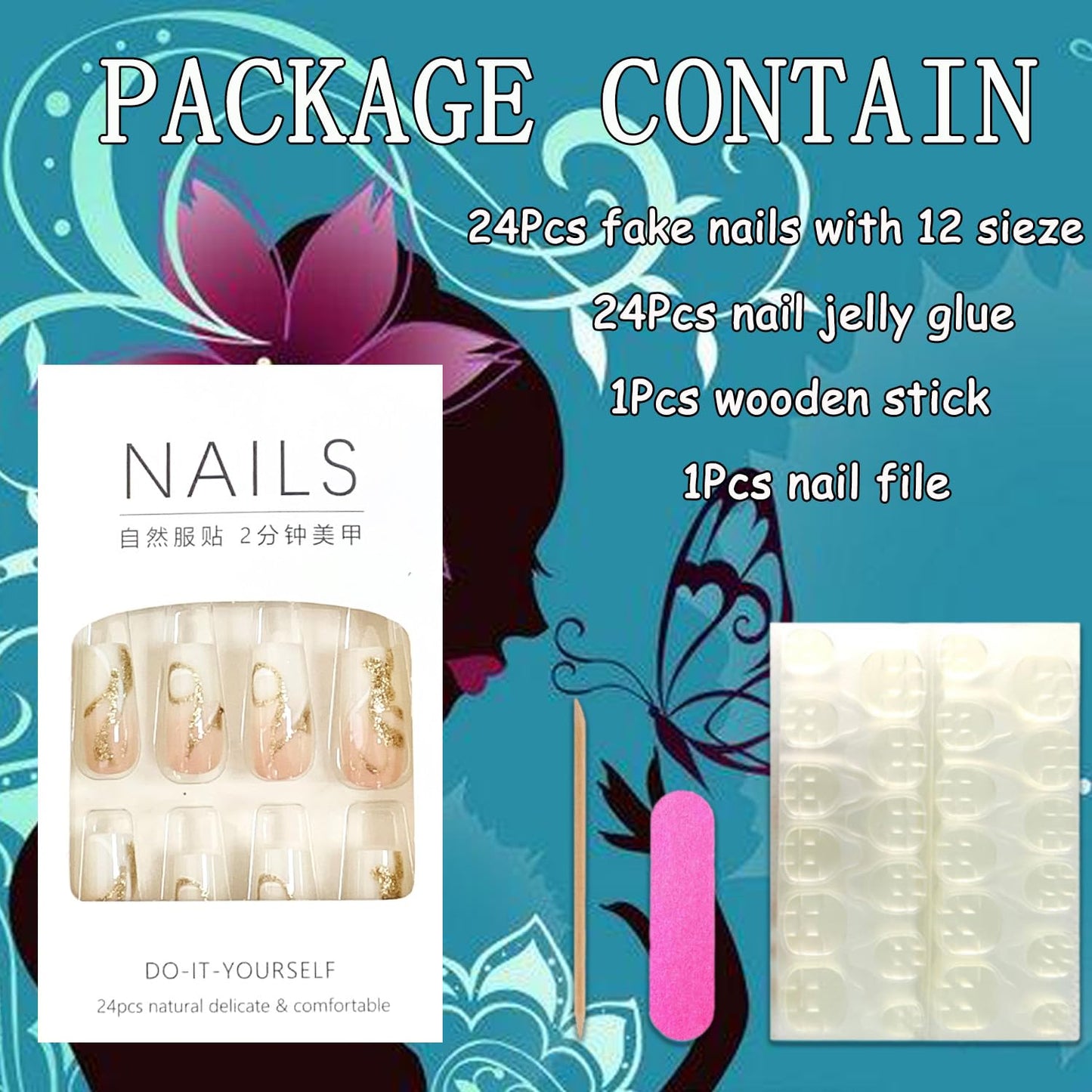 EYZOTSF Press on Nails Medium Square Shaped Acrylic Medium Square Shaped False Nails with Designs Artificial Short Coffin Fake Nails with Charms Glue ons Fingernails for Women Girls(CY1095)