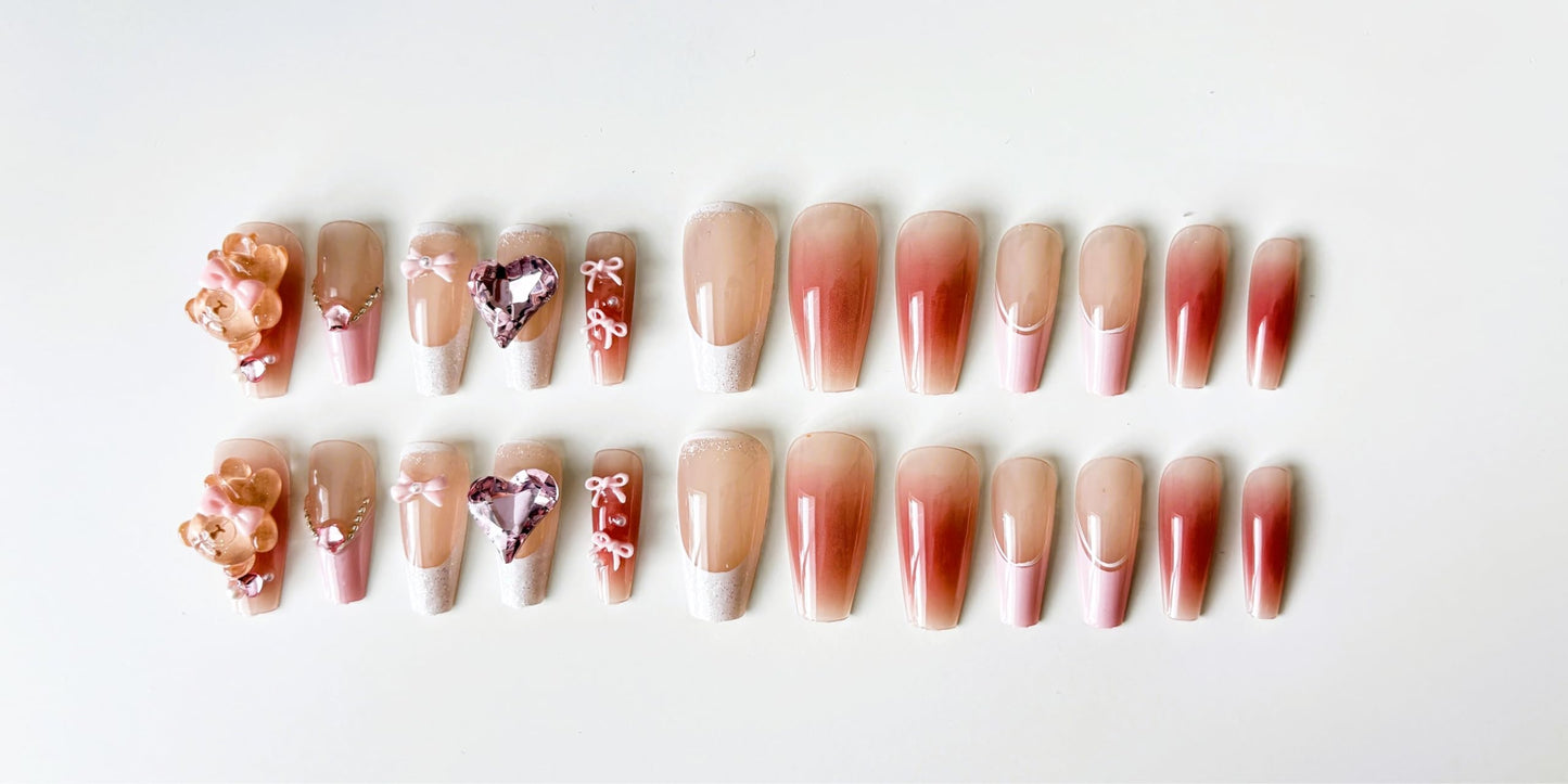 2 Packs 48Pcs Handmade Press on Nails Coffin, Summer Nails French Tips Nails 3D Nails "Set#1 Cute Pink Bear" "Set#2 Yellow Gem and Bow Tie"