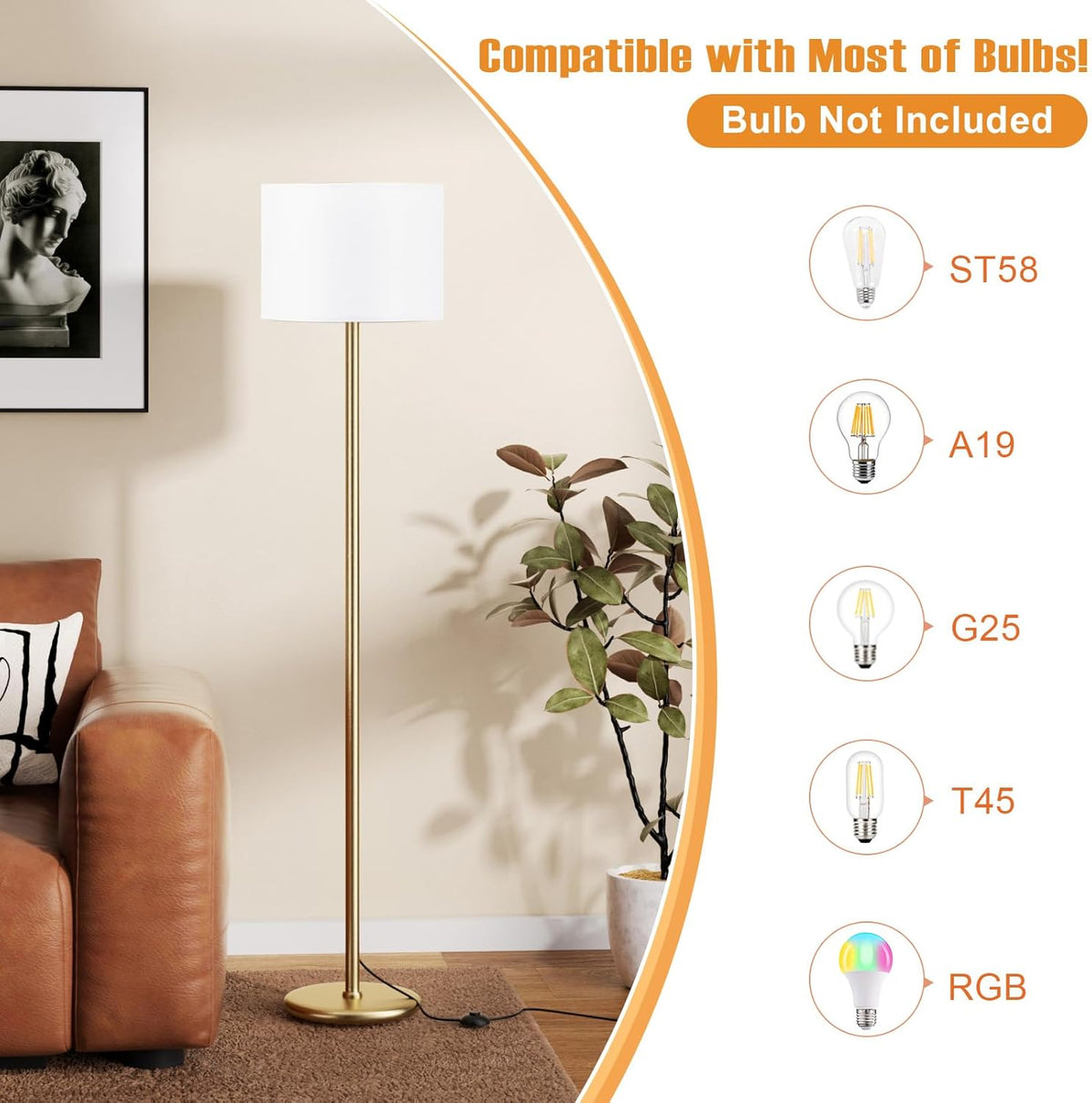 Ambimall 60'' Modern Floor Lamp with Shade, Tall Lamps for Living Room, Bedroom, Office, Dining Room, White Shade with Gold Pole(Without Bulb)