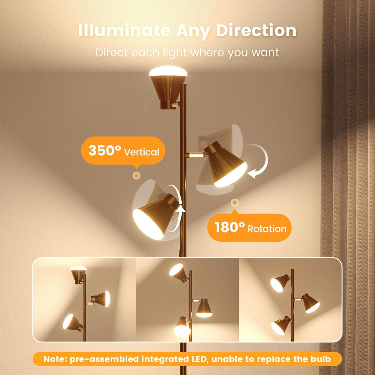 36W LED Tree Floor Lamp, Dimmable Tall Standing Lamp with Remote & Touch Control, 4 Color Temperatures Bright Floor Lamp, 3 Rotatable Light Modern Floor Lamps (Brown)