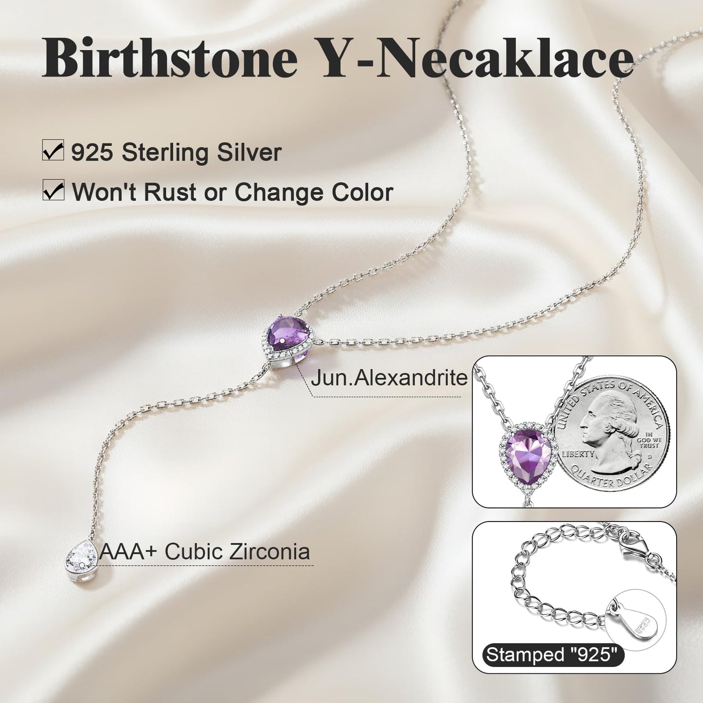 FOCALOOK 925 Sterling Silver CZ Teardrop Lariat Necklace 16"-18" Y Drop Adjustable Birthstone Necklaces for Women