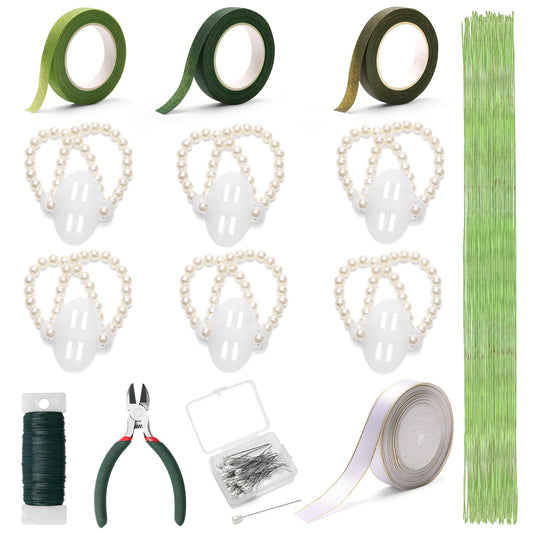 AHIER Corsage Wristlet Band, 162PCS DIY Wrist Corsage Kit with 6P Corsage Bracelet, Wire Cutter and Floral Wire, Green Floral Tape, Pin, Ribbon for Wedding Party Boutonniere Wrist Corsage Supplies