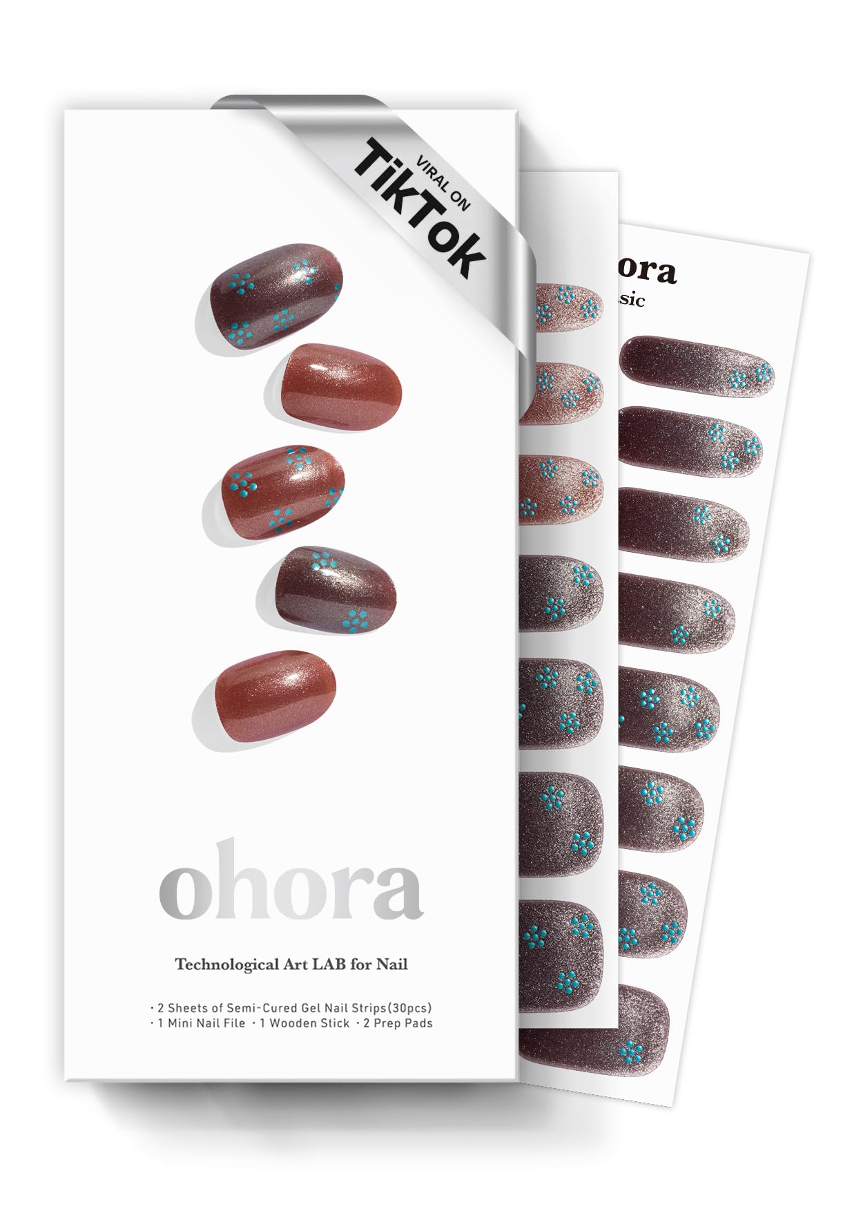 ohora Semi Cured Gel Nail Strips (N Evening Flora) - Works with Any Lamps, Salon-Quality, Long Lasting, Easy to Apply & Remove - Includes 2 Prep Pads, Nail File & Wooden Stick