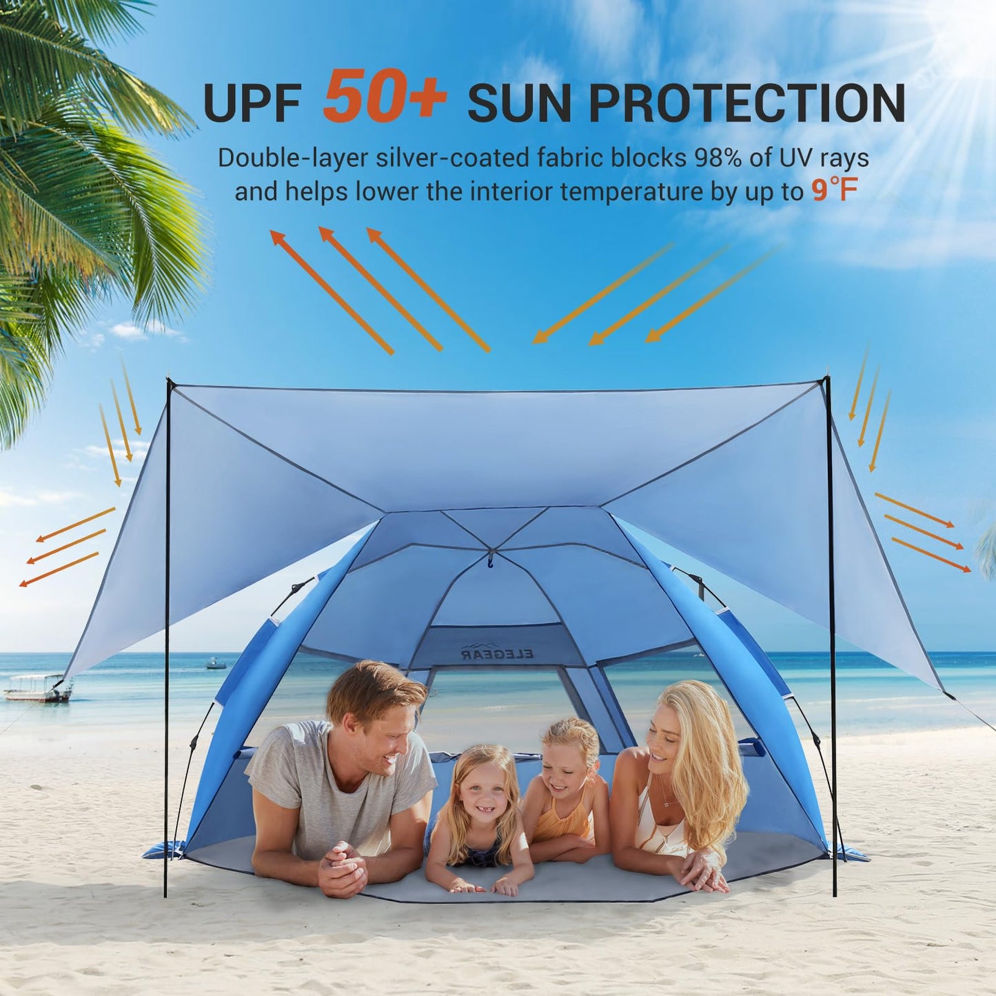 Elegear CumbreX™ Beach Tent with 360° Removable Canopy, 4-6 Person Pop Up Sun Shade Shelter, UPF 50+ Automated Installation Double Silver Coating Portable Lightweight Beach Cabana for Beach/Outdoor