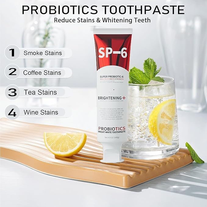SP-6 Probiotic Whitening Toothpaste, Enhanced Formula with 6 Probiotics for Teeth Whitening and Gum Health, Enamel-Safe, Fluoride-Free, Fresh Mint Flavor, 4.6oz (4)