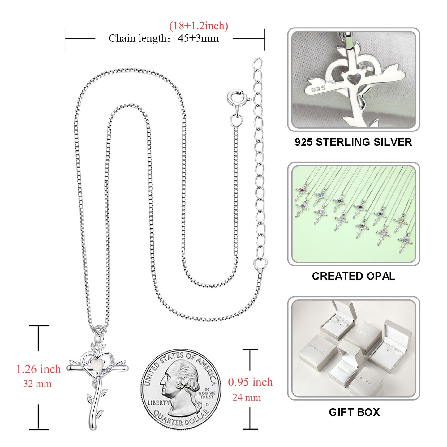 STARCHENIE Rose Cross Necklace, 925 Sterling Silver, Created Opal Heart Pendant, Crucifix Jewelry Gift for Women