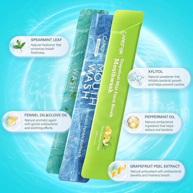 Travel Size Mouthwash Packets – Individual Mini, Alcohol & Fluoride Free, 3 Refreshing Flavors (Fresh Mint, ICY Mint, Grapefruit Mint) Fresh Oral Hygiene (20)