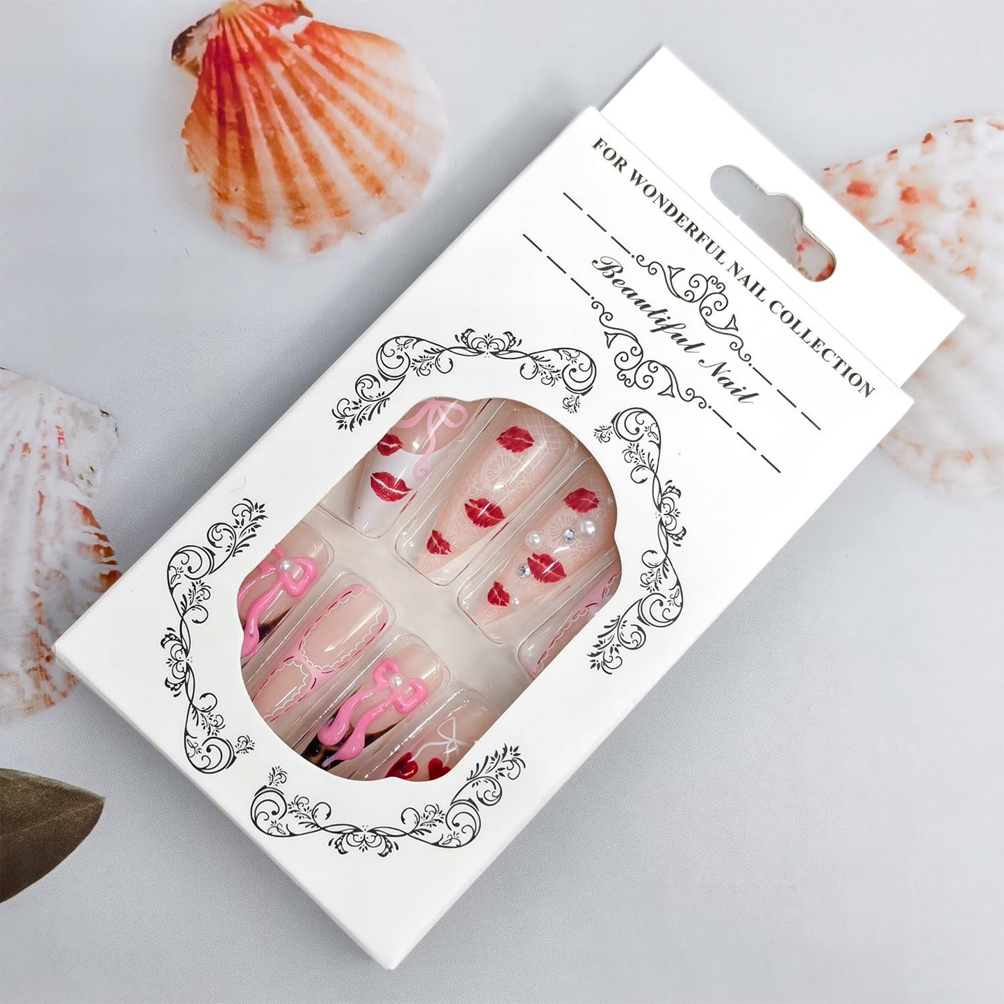Nude Pink Press on Nails Almond Shaped Artificial Acrylic French Fake Nails 3D Bow with Red Lip Print Pearl Long Design Stick on Nail Glossy Glue on Nail Artificial Fingernails for Women Manicure