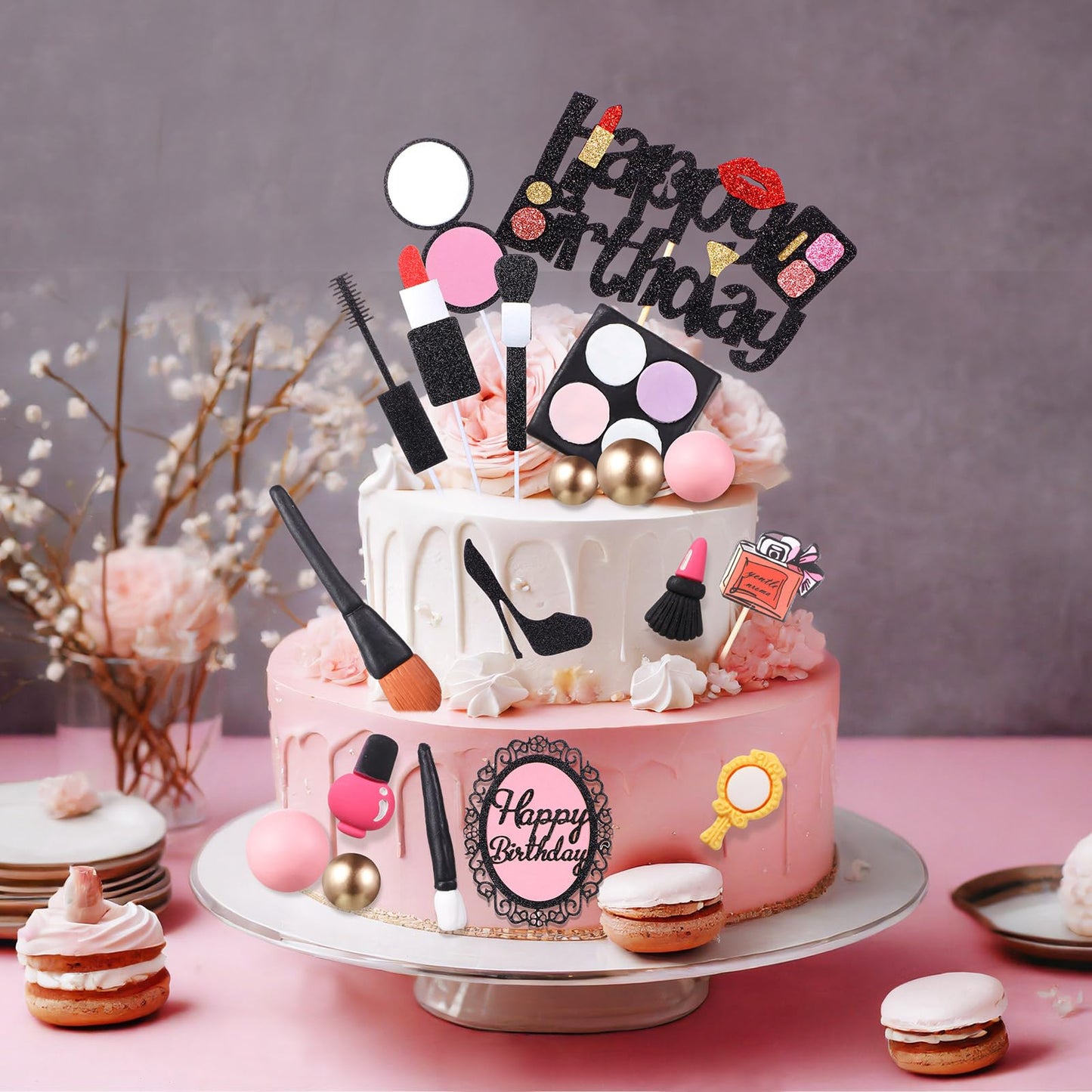 Beeveer 42 PCS Makeup Cake Topper Decorations Cosmetics Theme Bridal Cake Topper Party Lipstick Perfume Picks for Bridal Shower Birthday Partys