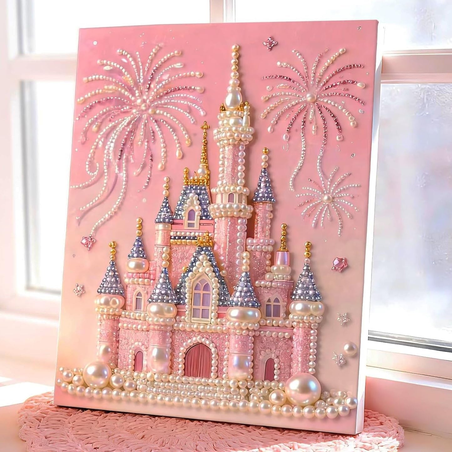 Jendfert DIY 3D Pearl Painting Kit, Castle Design with Fireworks, Plastic Pearl Art Craft for Adults and Beginners, Home Wall Decor - No Framework