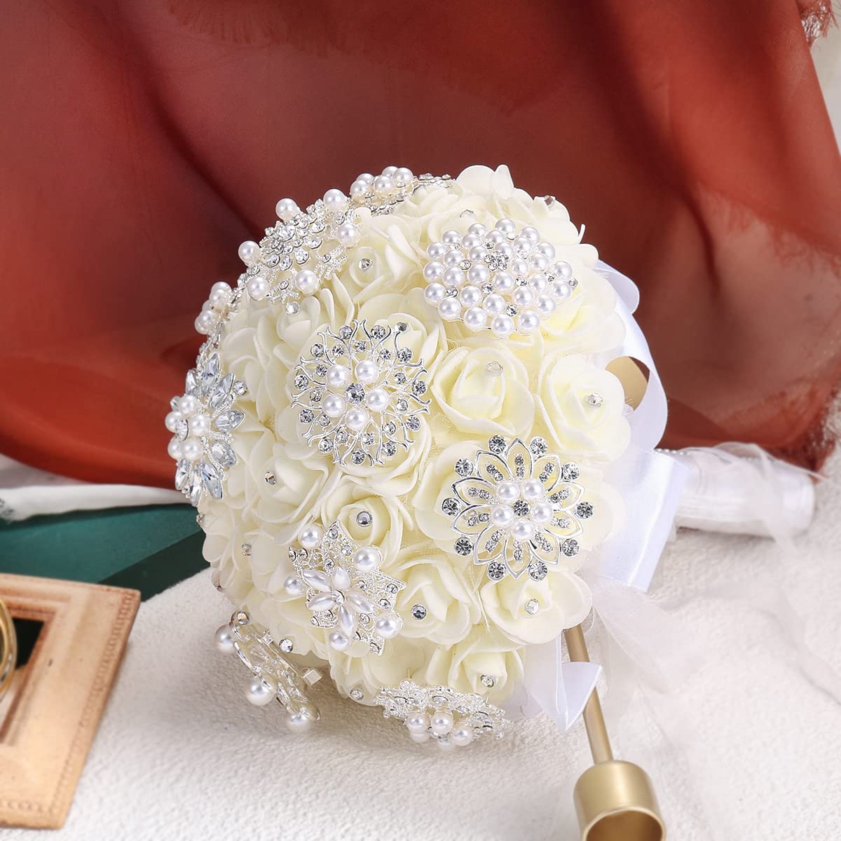 WeimanJewelry Silver/Gold/Rose Gold Plated Assorted Crystal Rhinestones Brooch Pins Set for DIY Wedding Bouquets Kit (Silver with pearls 10pcs)
