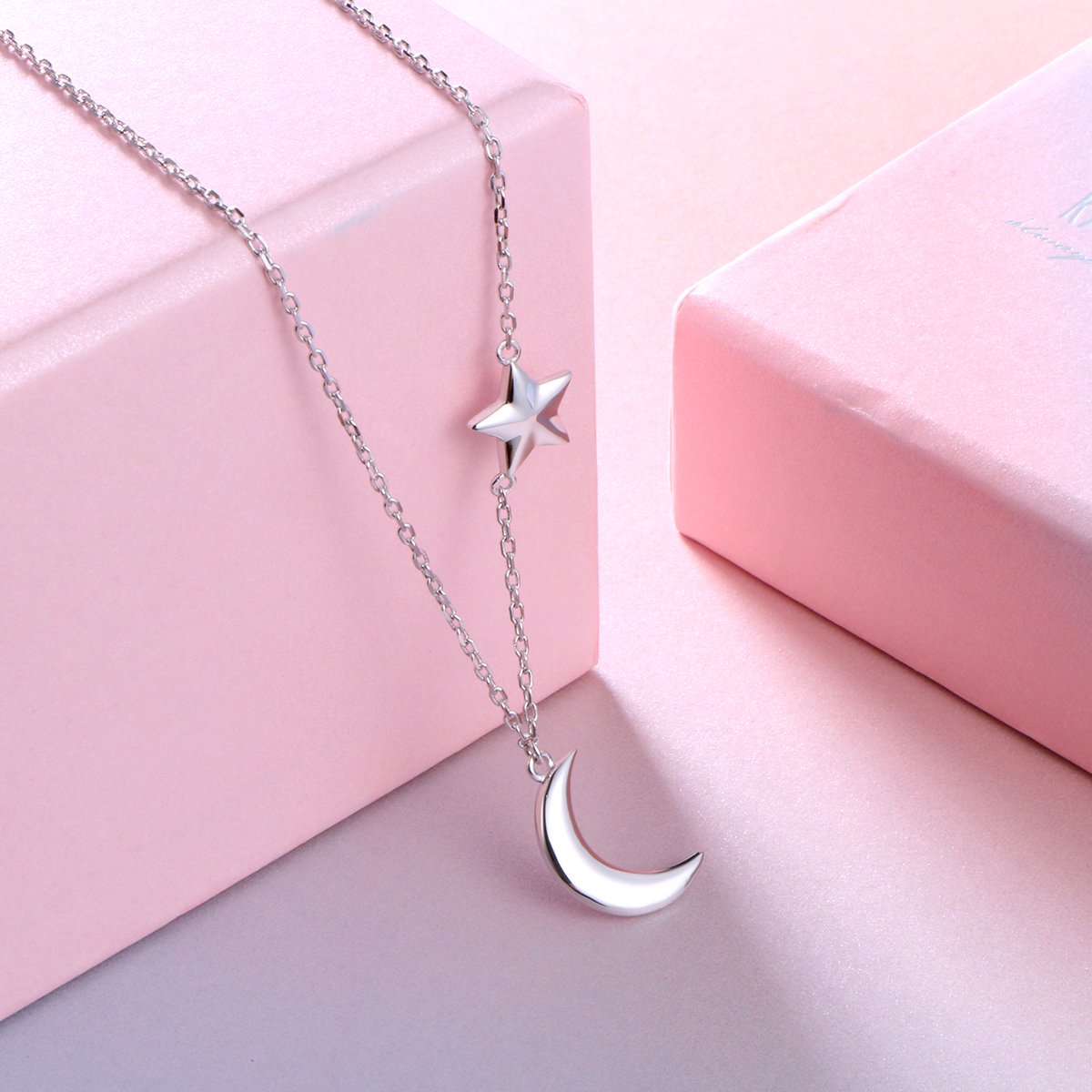 Ladytree S925 Sterling Silver Crescent Moon and Star Jewelry Pendant Necklace,Rolo Chain,18+2"