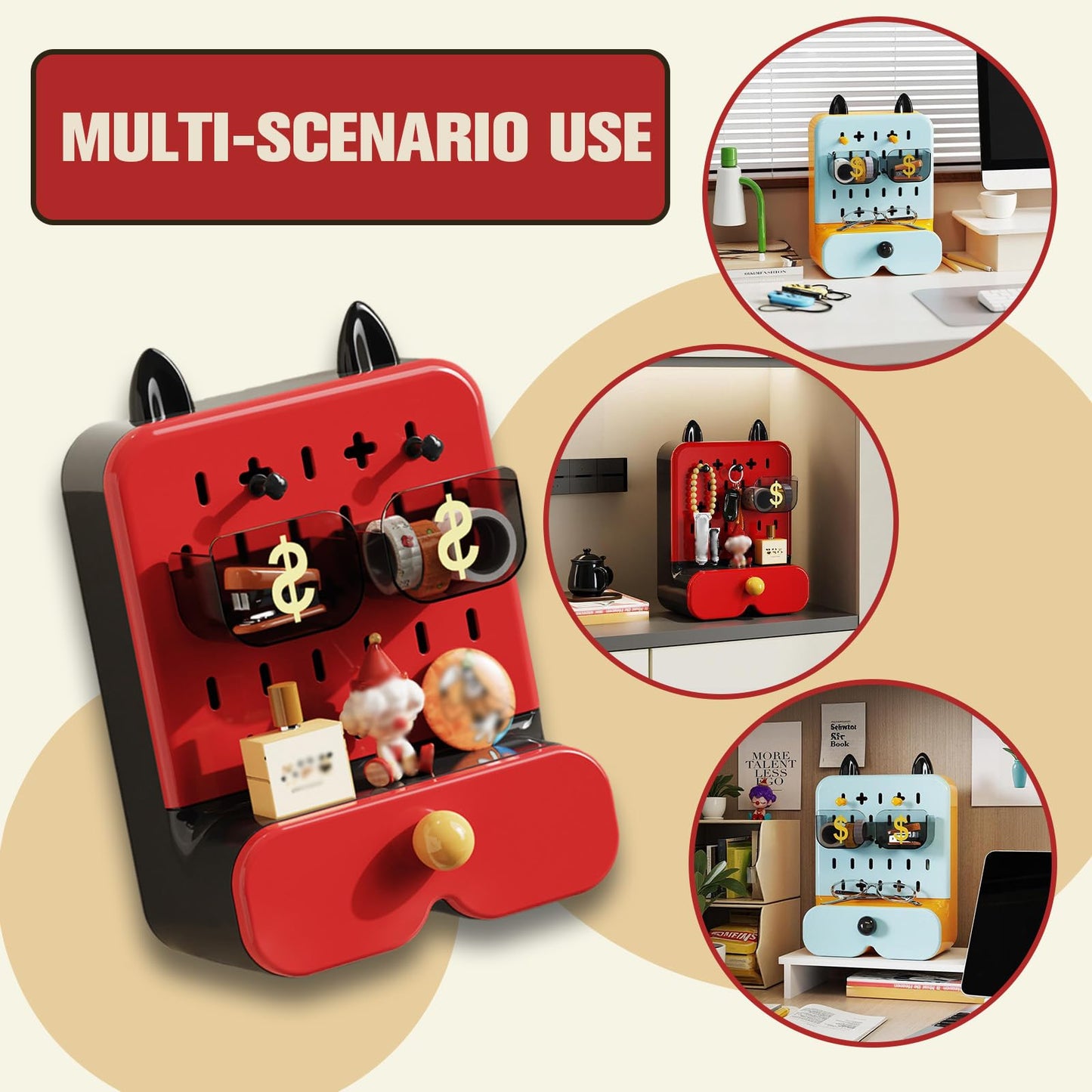 SWHC Desk Organizer Cute with Pegboard, Multifunctional Desktop Storage Box with Drawer & 2 Compartments, 3 Tier Desk with 2 Removable Boxes and Hooks, Art Supplies, Birthday Gifts for Kids