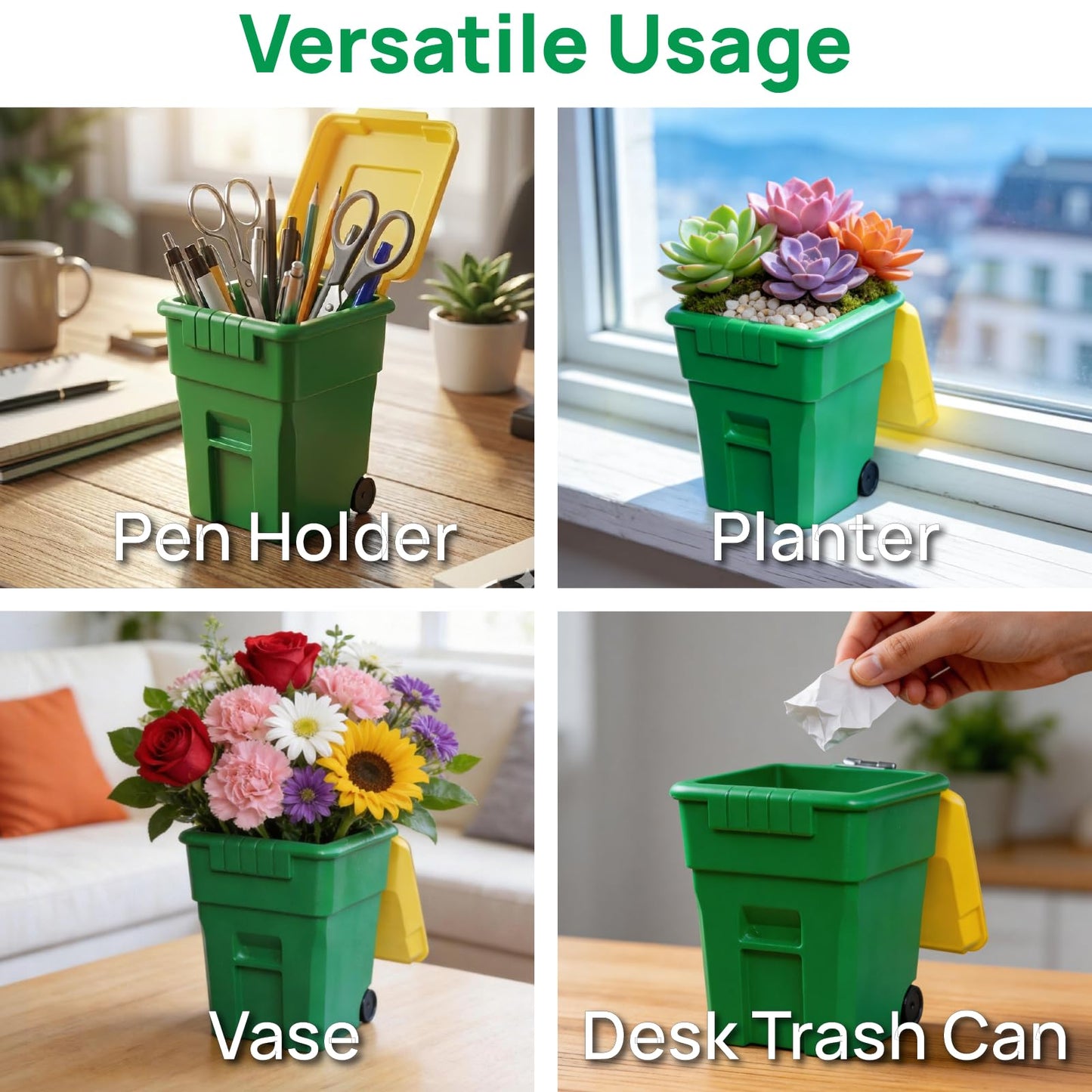 ini Trash Can Pen Holder with Lid - 3-in-1 Desk Organizer Pencil Cup Small Plant Pot with Drainage Desktop Trash Bin for Office Plants and Gifts Green