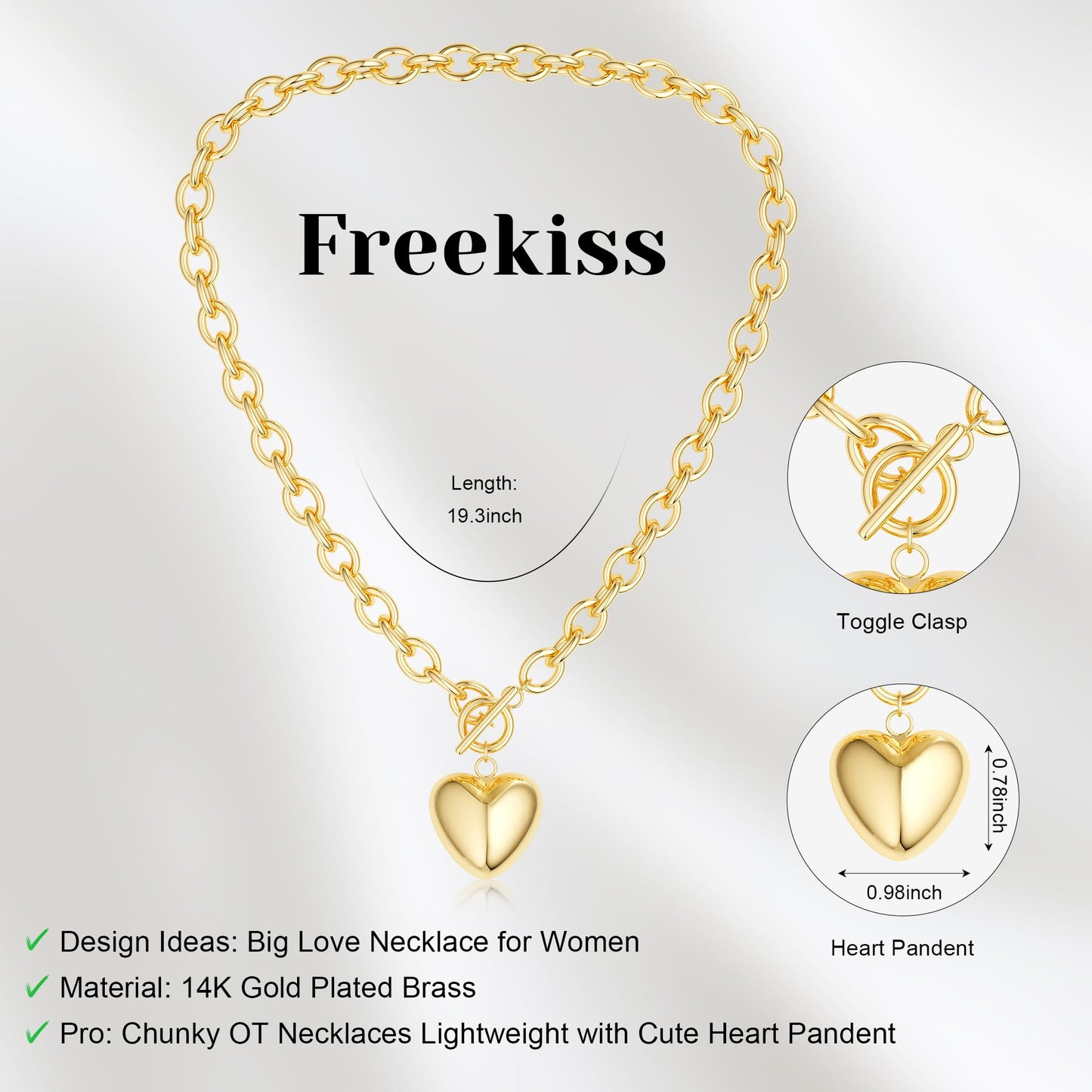 Freekiss Chunky Paperclip Necklace with Heart Pendant - 14K Gold Plated Trendy Toggle Choker for Women, Hypoallergenic Dainty Jewelry Gift for Her