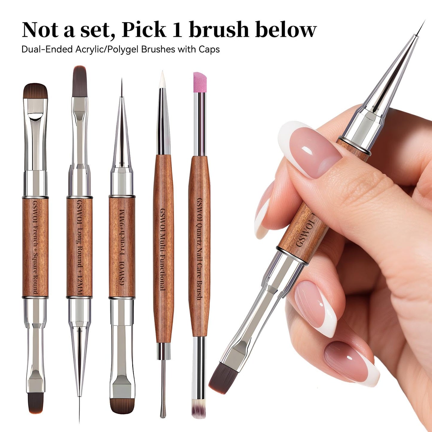 GSWOI Dual Head Acrylic Nail Brush-Large Flat & 6mm Liner for Builder Gel,Polygel & Design-Wood Handle & Metal Caps