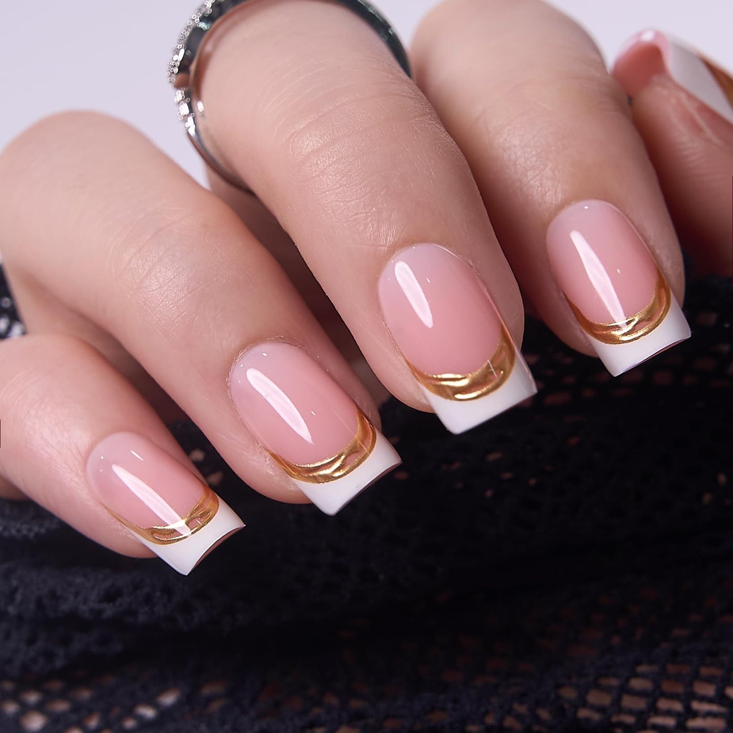 CurvLife Soft Gel Square French Tip Press-On Nails Medium, Reusable Fake Nails with Glue & Adhesive Tabs, 30PCS Salon-Quality Stick-On Nails for At-Home Manicure (Gilded Blush)