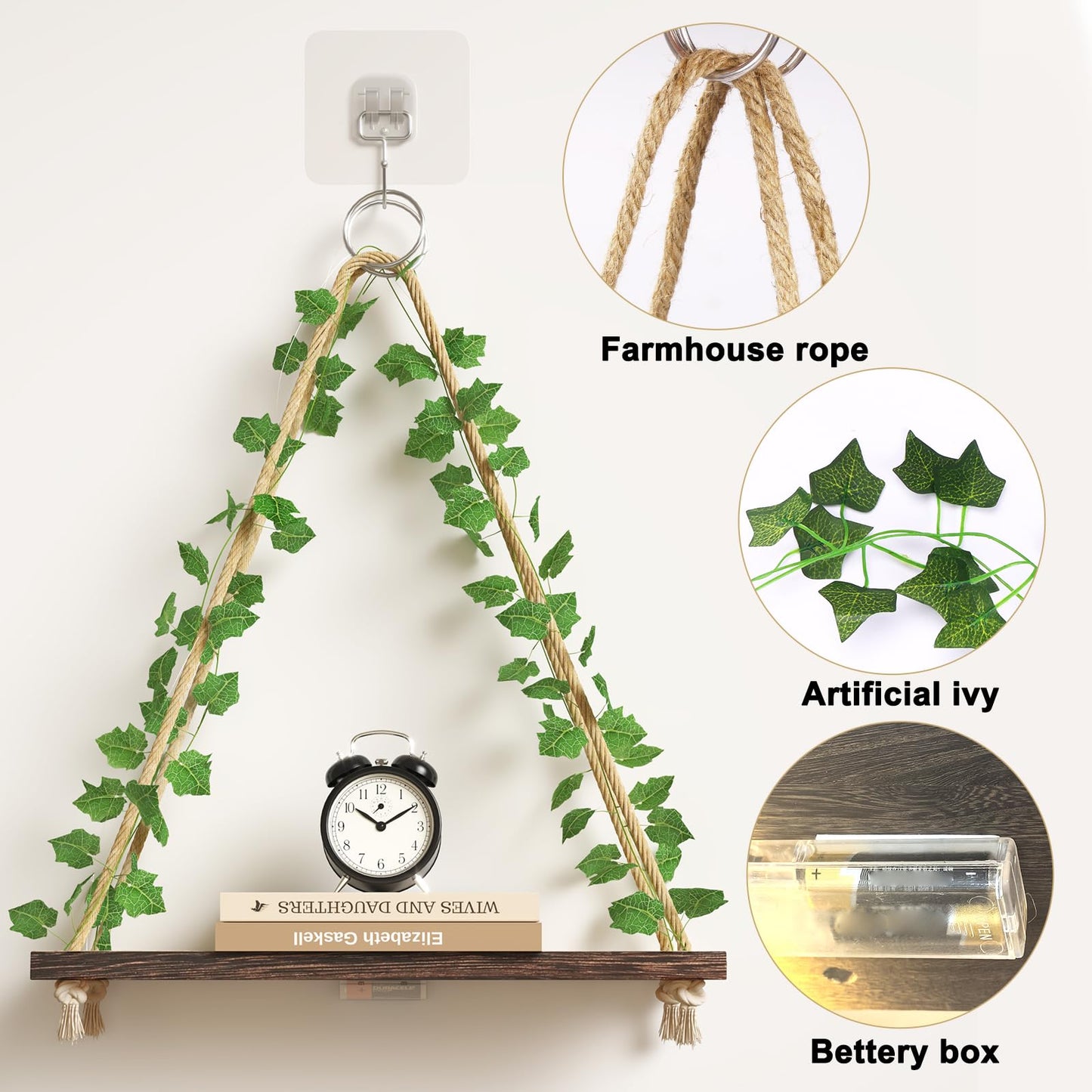 Fixwal Artificial Ivy LED-Strip Floating Shelves Set of 3, Macrame Hanging Shelves Plant Wall Decor, Rustic Boho Wood Wall Storage Shelves for Bedroom, Living Room, Bathroom Decor (Dark Brown)