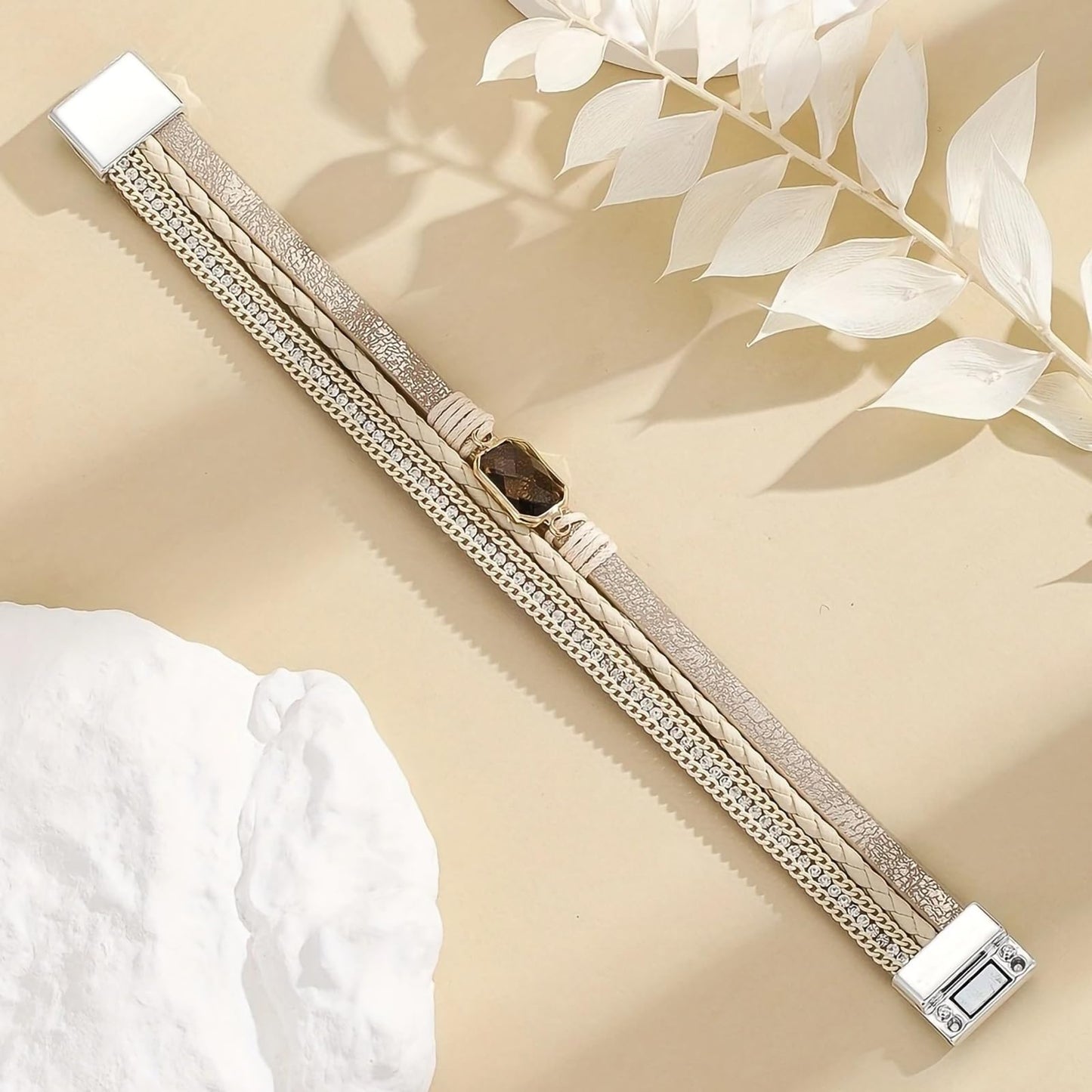 Leopard Bracelet for Women, Boho Leather Wrap Multi-Layer Pearl Crystal Bracelet Bangle Jewelry(Square Crystal(Beige))