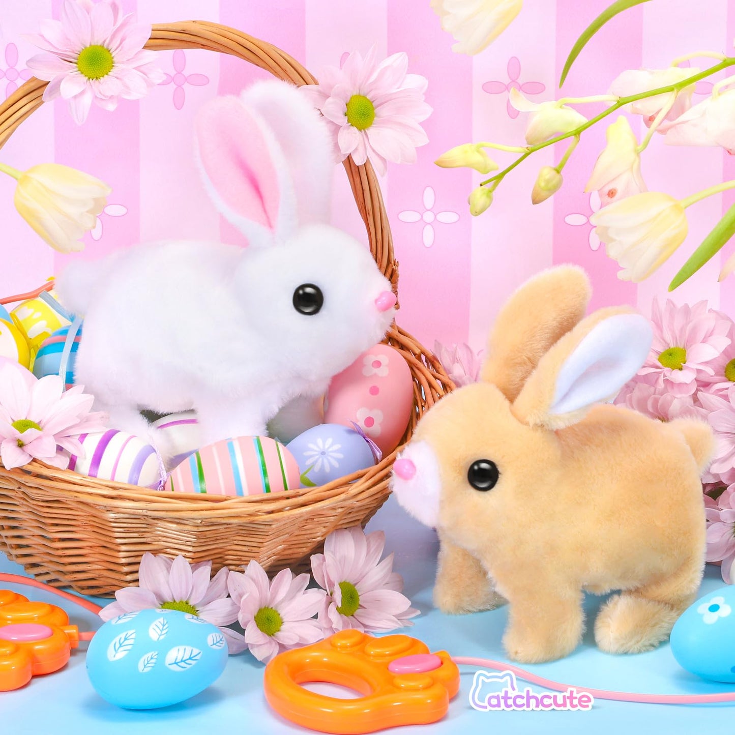 CatchCute Easter Plush Bunny Toys for Kids,Interactive Bunny with Sounds,Can Walk,Wag Tail and Twitch Nose with Remote Control Leash,Easter Eggs with Pull Back Cars,Easter Birthday Gift for Toddlers