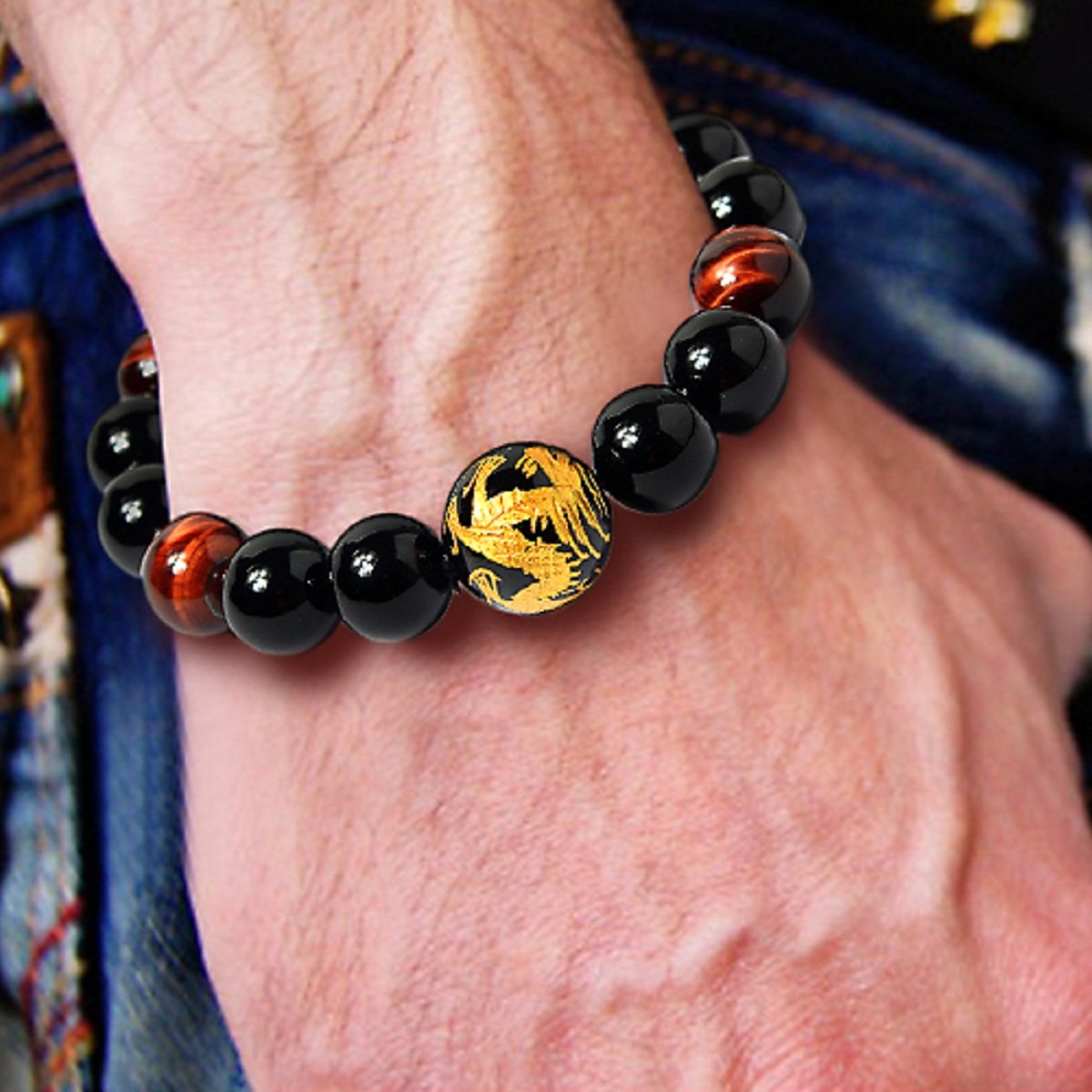 16mm Yellow Tiger Eye Stone Dragon Pattern Bold Wrist Bracelets, Natural Lava Rock Black Beads Elegant Design Bracelets for Men, Charming Crystal Black Men's Bracelet Beads Set for Layered Looks