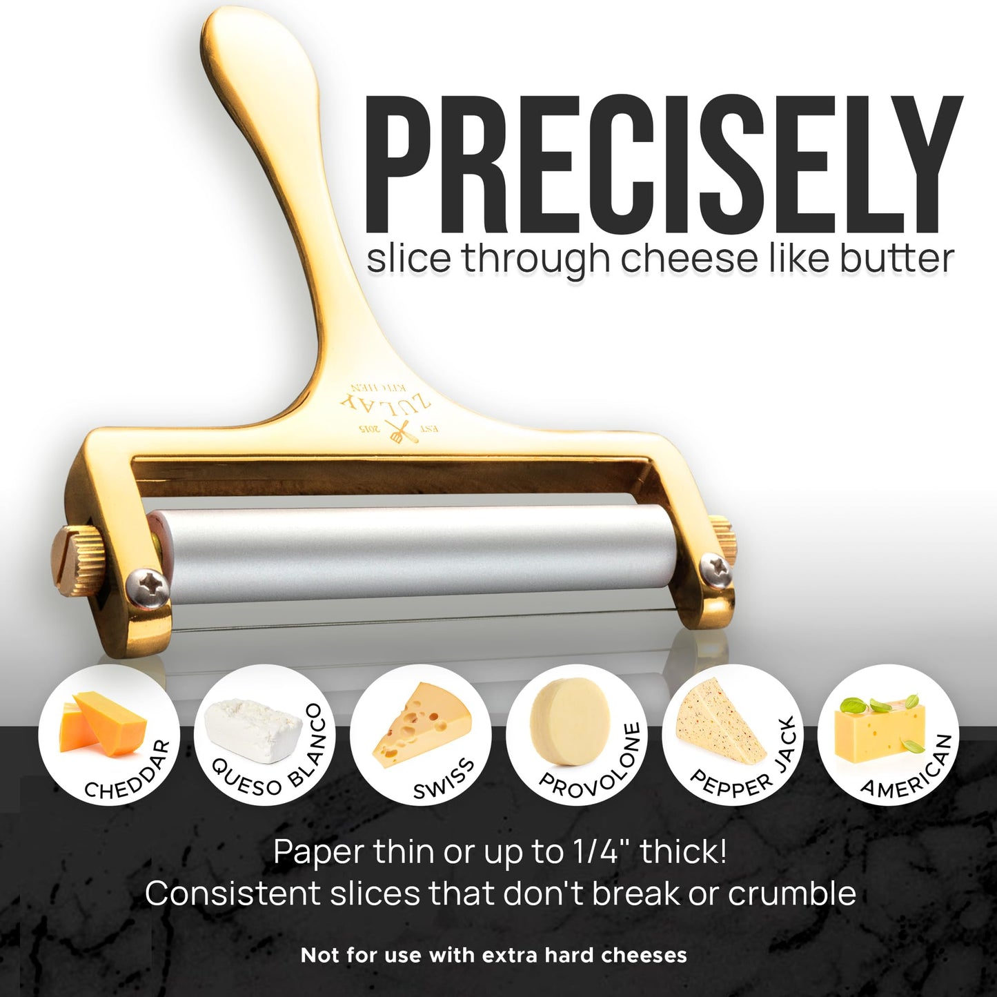 Zulay Kitchen Cheese Slicer With Adjustable Thickness – Heavy Duty Block Slicer with 2 Extra Wires – Ideal for Mozzarella, Cheddar, Gouda - Gold