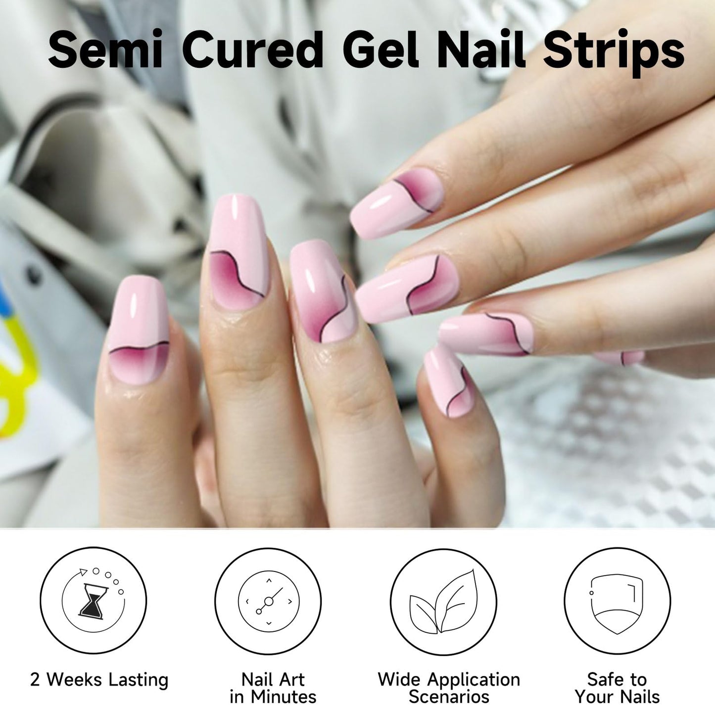 DUKASOU Semi Cured Gel Nail Strips Set, 56Pcs Nail Art Stickers/Wraps, Long Lasting UV Nail Polish Strips for Adults(Blue+pink)