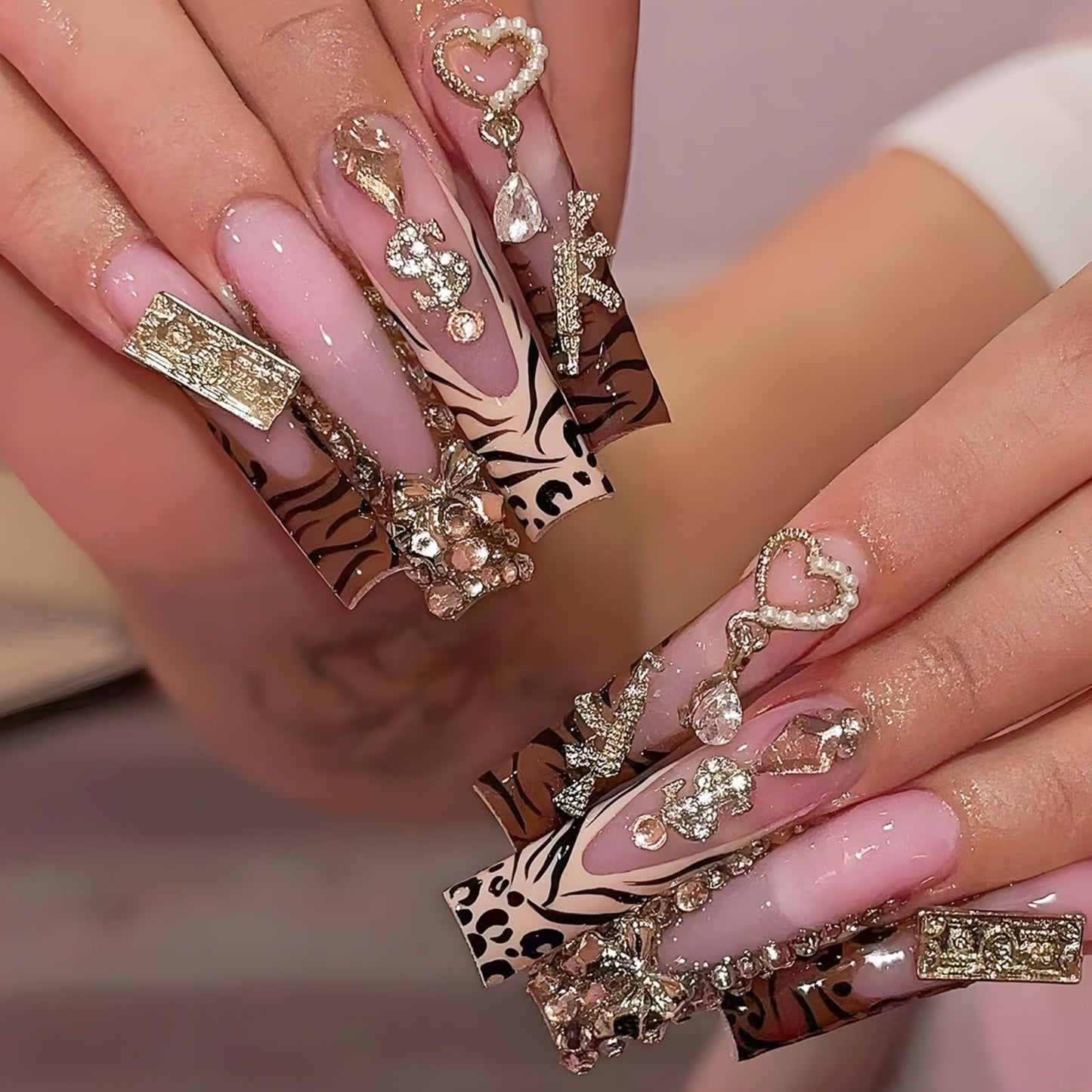 Square Press on Nails Long Fake Nails XL False Nails Extra Long French Tip Glue on Nails Brown Artificial Nails with Bow and Rhinestones Designs Stick on Nails for Women 24pcs