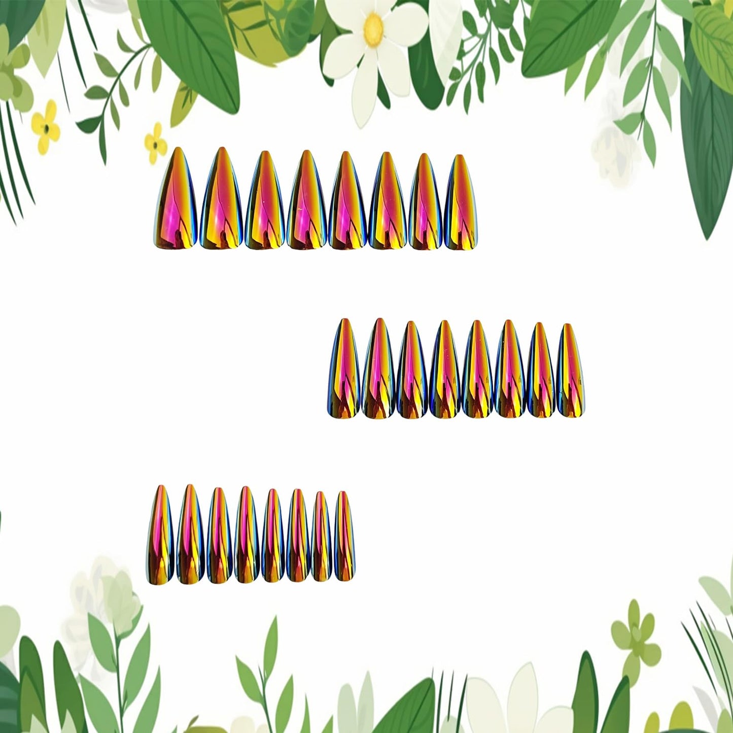 Chrome Press on Nails Medium Length Artificial Acrylic Metallic Laser Chrome Glossy False Nails Design Almond Stick on Nail Reusable Full Cover Glue on Nail Artificial Fingernails for Women Manicure