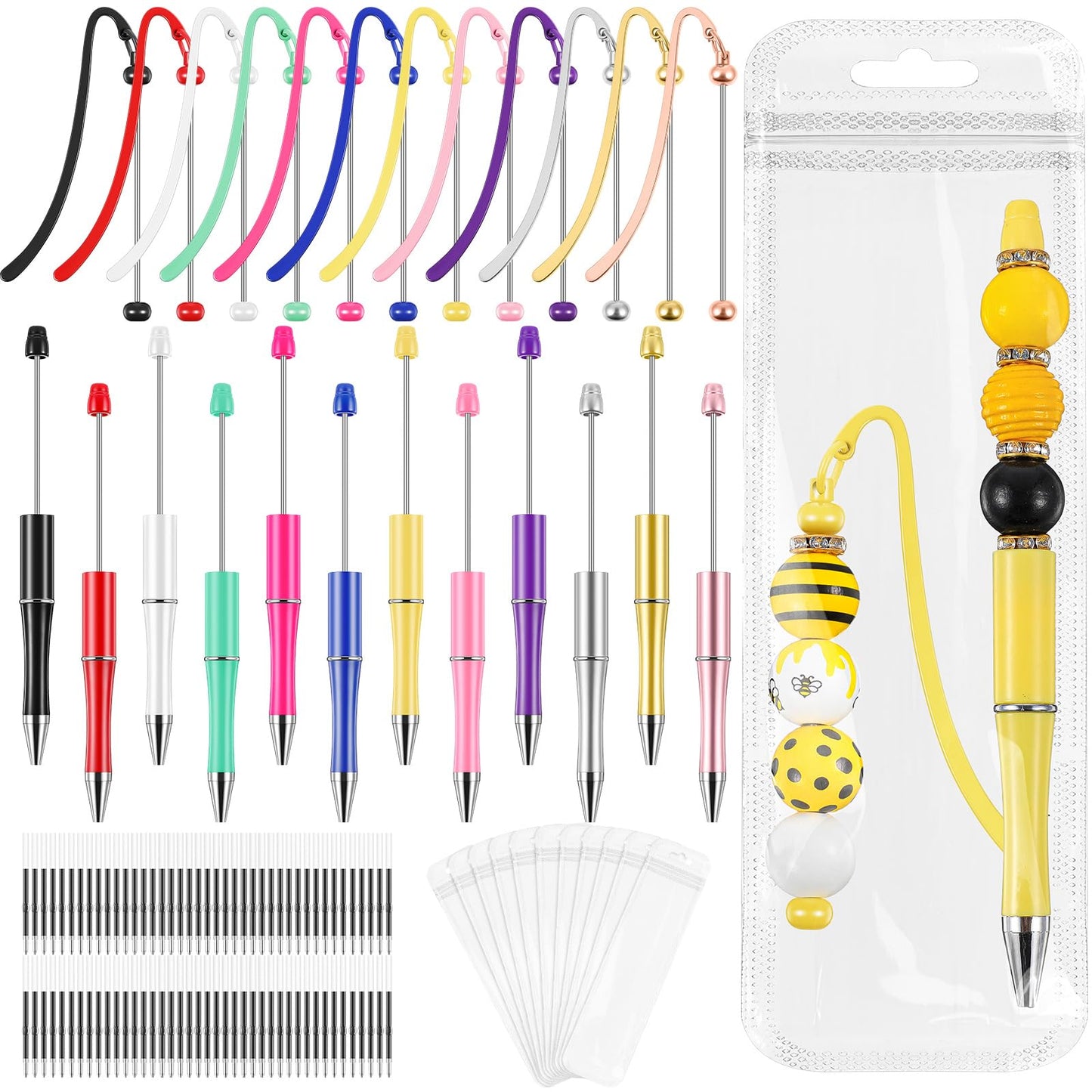 Kolldenn 56 Pcs DIY Beadable Bookmarks and Beadable Pens Kit Multicolor Bulk Metal Bookmarks Black Ink Pens with Refills Pen Packaging for Student Teacher School Craft Gift