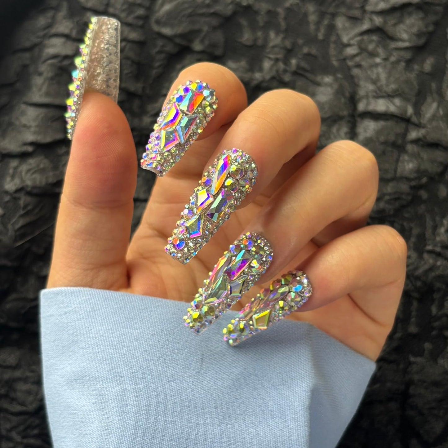 AKA Unicorn Trendy Handmade Press On Nails Long Square Shape,10Pcs Crystal AB Diamonds Acrylic Fake Nails with 3D Rhine Stone Luxury Design Stick On Nail for Woman Gift