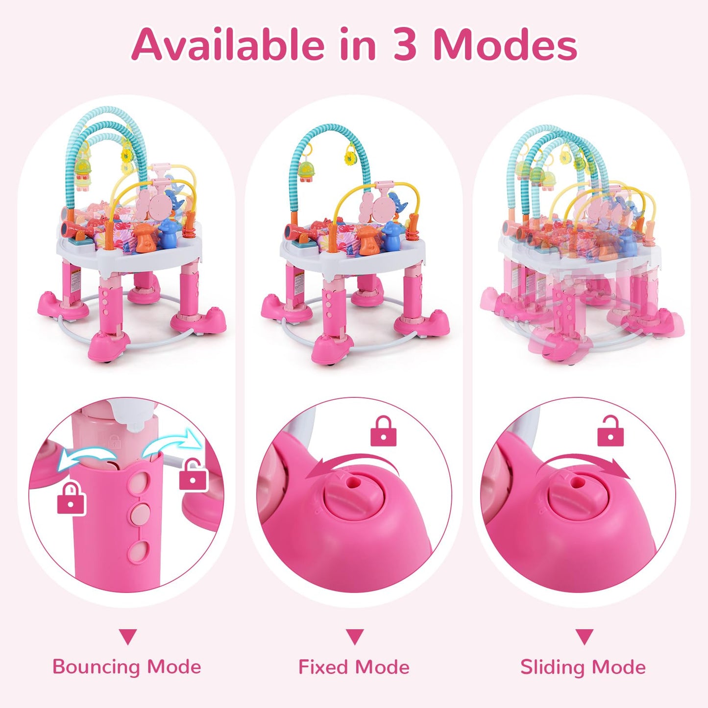 INFANS Baby Bouncer Activity Center, 5 in 1 Toddler Bouncing Activity Saucer Playtime Mat Activity Table with 360°Rotating Seat, 3 Adjustable Height, Foldable Exersaucer Learning Walker (Pink)