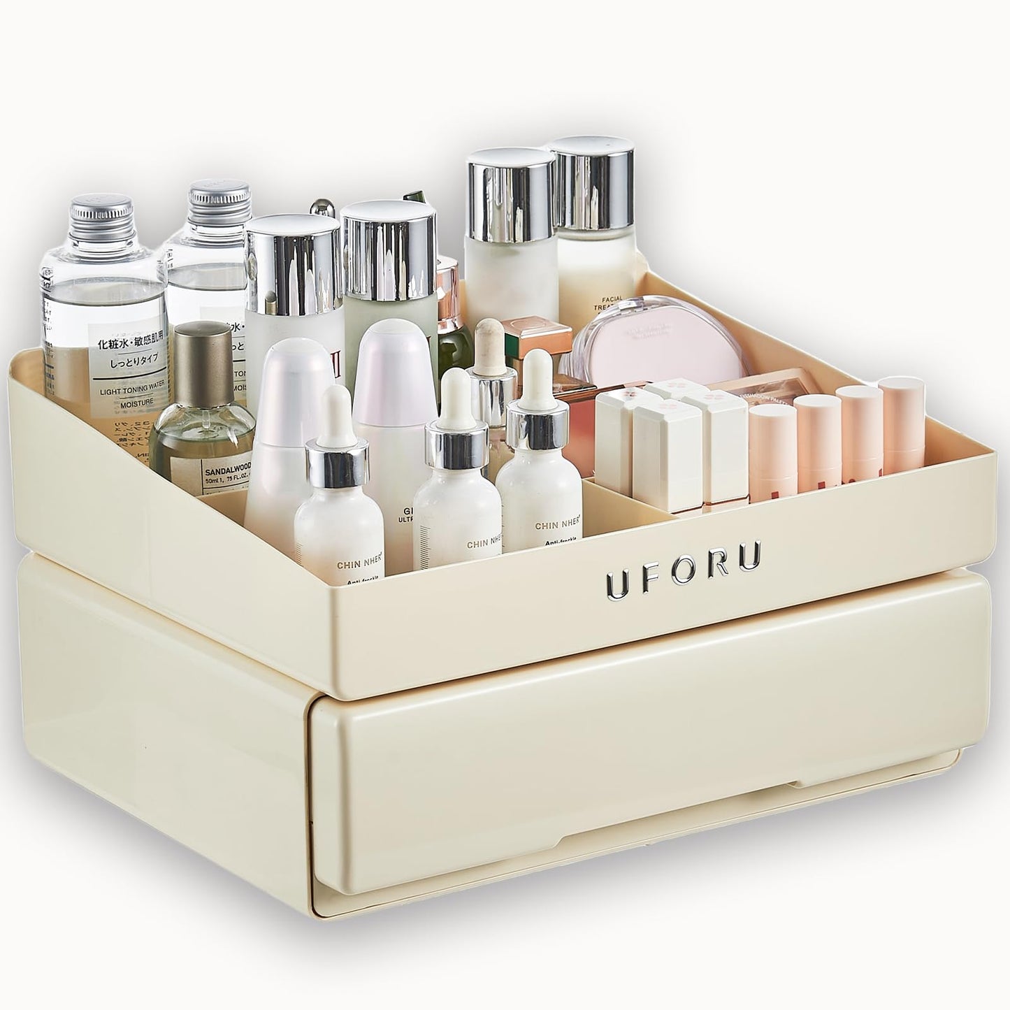 UFORU Desk Organizer with 6 Compartments, 2 Tier Stackable Storage Drawers Plastic Makeup Storage, Office Desk Storage Box, Stationary Sorting Helper