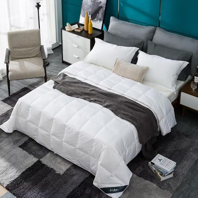 Globon Summer Down Comforter/Blanket King Size, Lightweight Duvet Insert for Hot Sleepers, Noiseless & Extra Soft Shell, 18OZ, 750 Fill Power, with Ties, Solid White