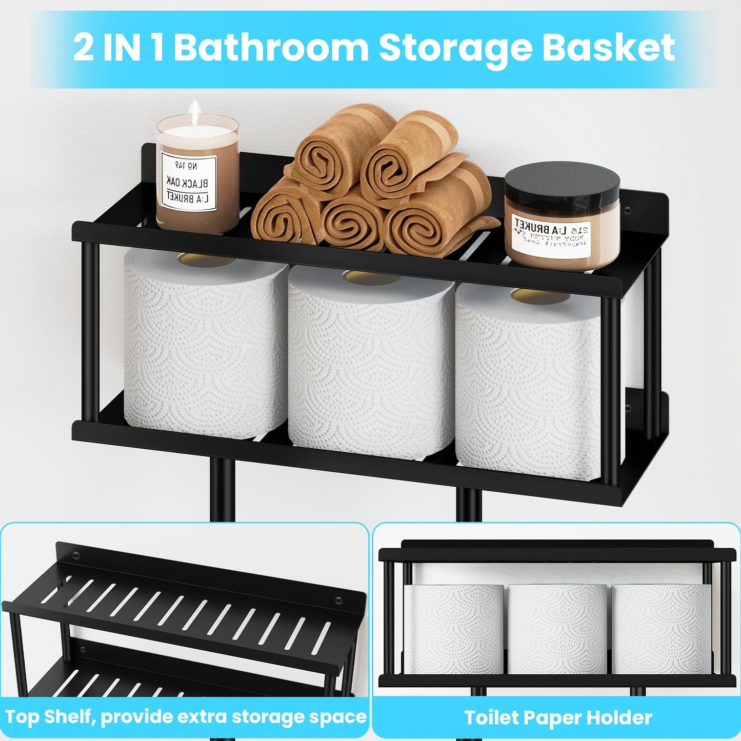 STWWO Bathroom Towel Storage Rack, Metal Towel Racks Wall Mounted Can Holds 5 Large Towels, 30.5IN Bathroom Towel Holder with Shelf & Storage Basket, Towel Organizer with 3 Hooks for RV, Apt, Black