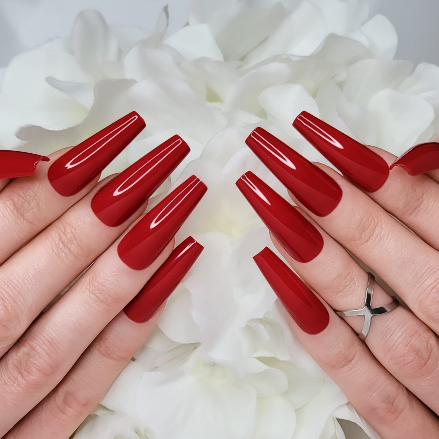 Hypnaughty 24 Pcs Passion Red Gloss Extra Long Press On Nails and Glue XL Reusable Solid Color Crimson Red False Nails (Passion)