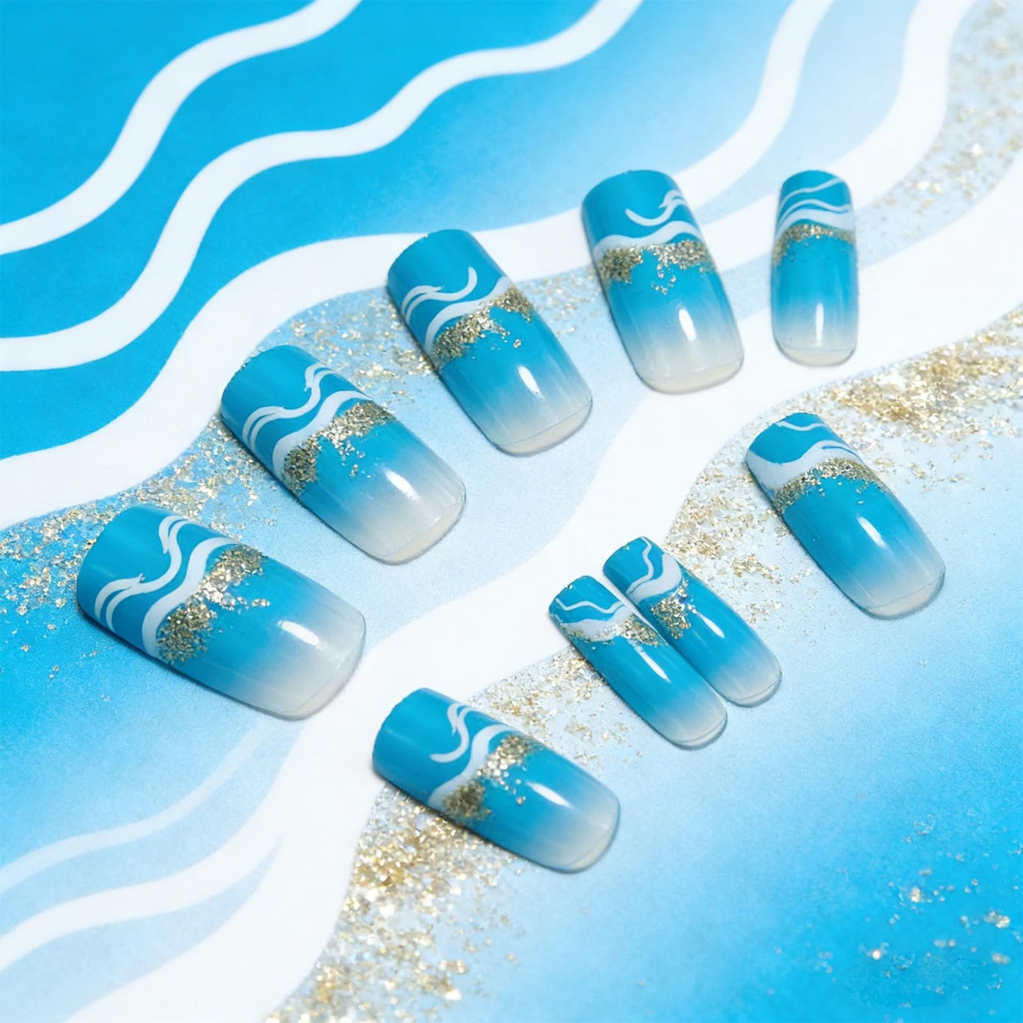 Beach Press on Nails Medium Square Blue Wave Fake Nails Gradient False Nail with Glitter Design Glossy Full Cover Stick on Nail Reusable Artificial Summer Nails for Women Manicure 24Pcs