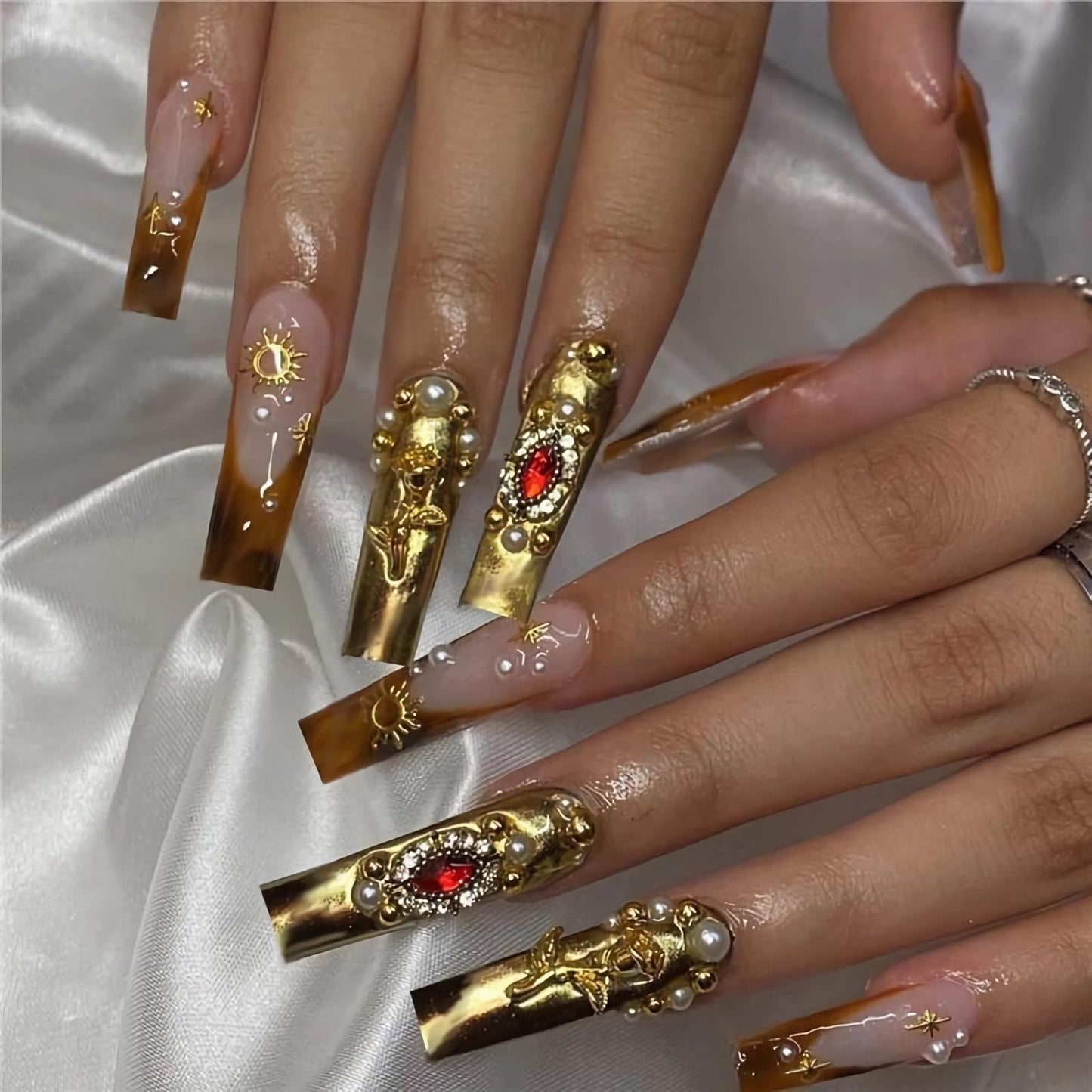 BABALAL Baroque Press On Nails, Extra Long Square Fake Nails with Gold & Red Gem, Tortoiseshell Ombre Acrylic Stick On Nails for Women 24Pcs