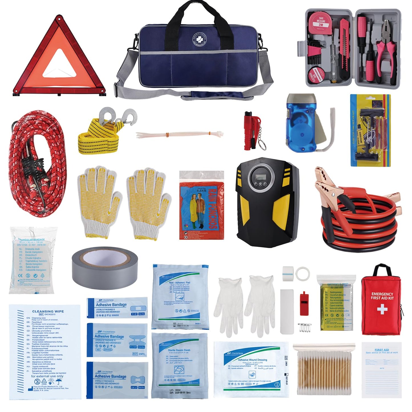 All-in-One Car Emergency Kit with Digital Tire Inflator, Jumper Cable, Tow Strap, Reflective Triangle, First Aid Kit, Hand Crank Flashlight, and Repair Tools for Roadside Safety (Blue)