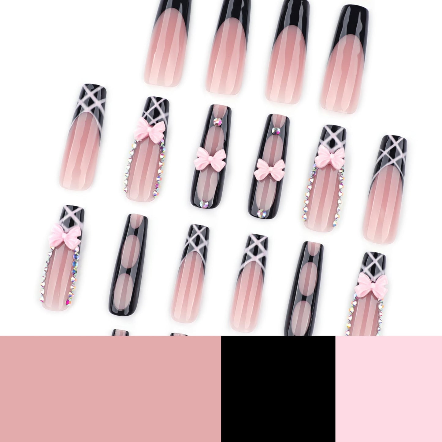 Long Press on Nails Square Fake Nails Black Acrylic Nail Press ons Seeneey Pink Bow Designs Sparkly Rhinestones Stick on Nail for Women 24pcs