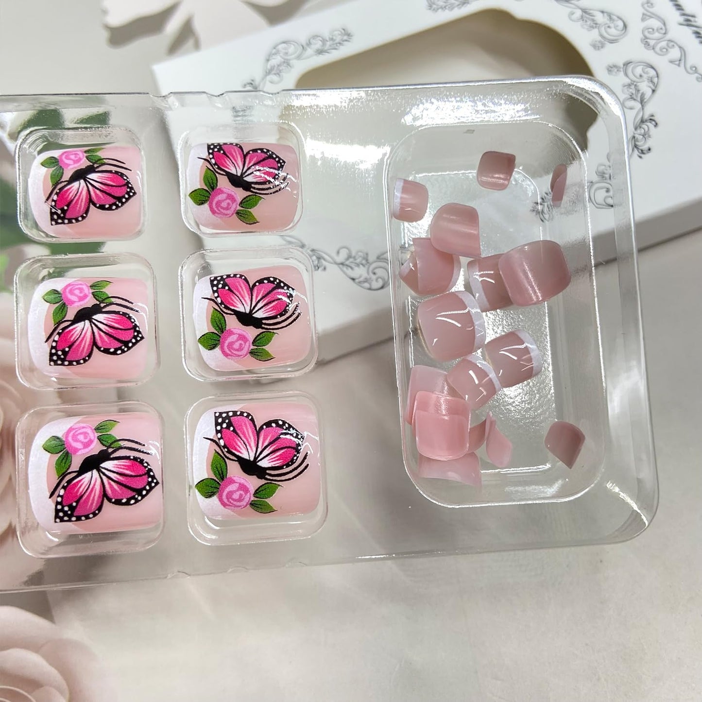 Flower Butterfly Press on Toenails Summer False Toenails White French Tip Toe Nails Reusable Full Cover Toe Nails for Women