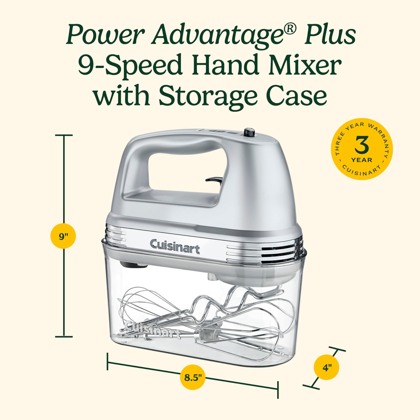 Cuisinart Power Advantage Plus 9-Speed Hand Mixer, 220W Motor, Electric Mixer with Dishwasher-Safe Beaters, Storage Case, HM-90BCS, Brushed Chrome